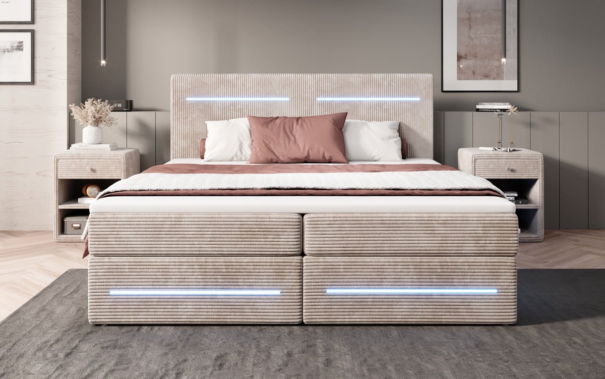 Boxspringbed Lara met opbergruimte en LED in Ribstof