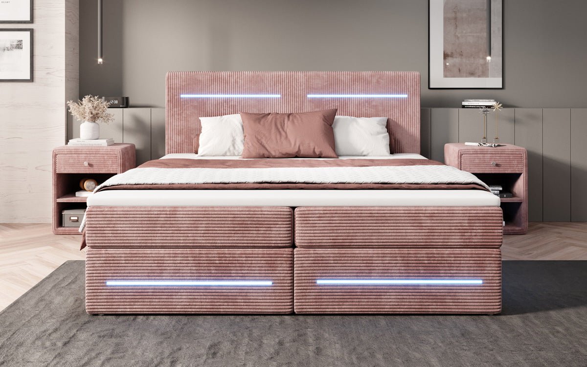 Boxspringbed Lara met opbergruimte en LED in Ribstof