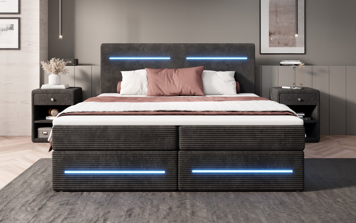 Boxspringbed Lara met opbergruimte en LED in Ribstof