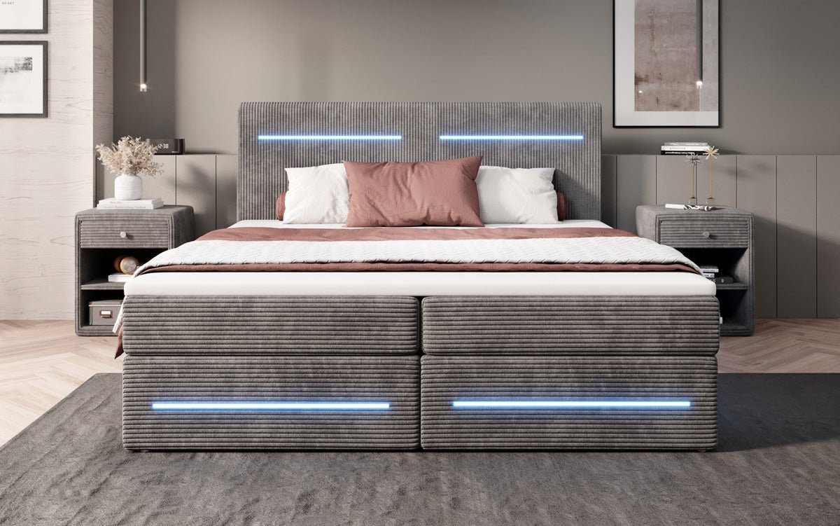 Boxspringbed Lara met opbergruimte en LED in Ribstof