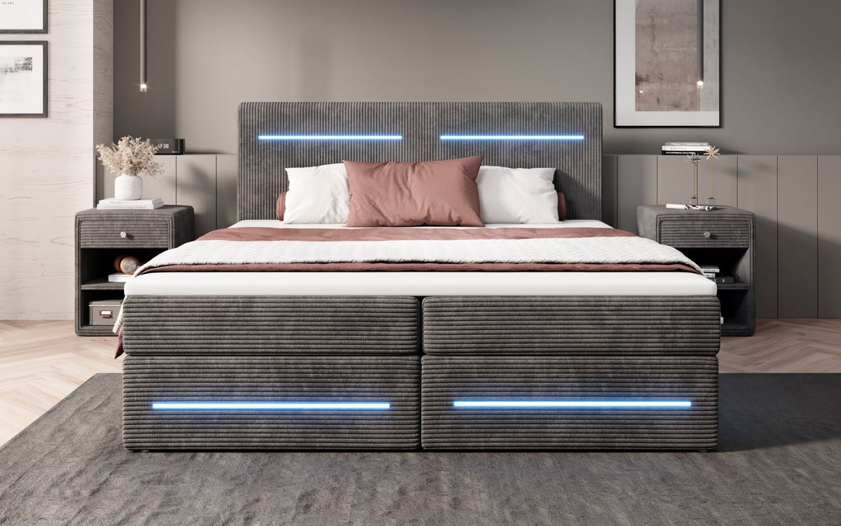 Boxspringbed Lara met opbergruimte en LED in Ribstof
