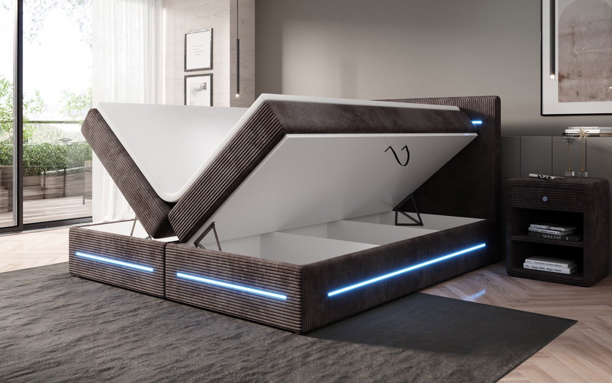 Boxspringbed Lara met opbergruimte en LED in Ribstof
