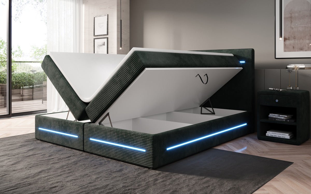 Boxspringbed Lara met opbergruimte en LED in Ribstof