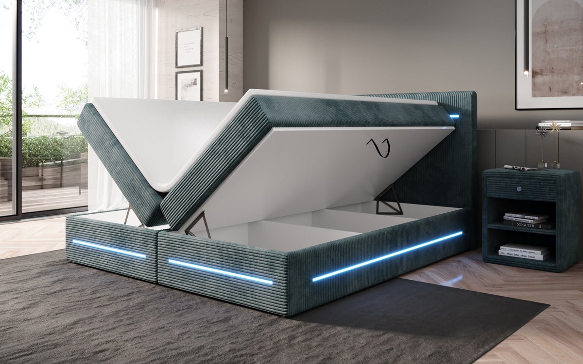 Boxspringbed Lara met opbergruimte en LED in Ribstof