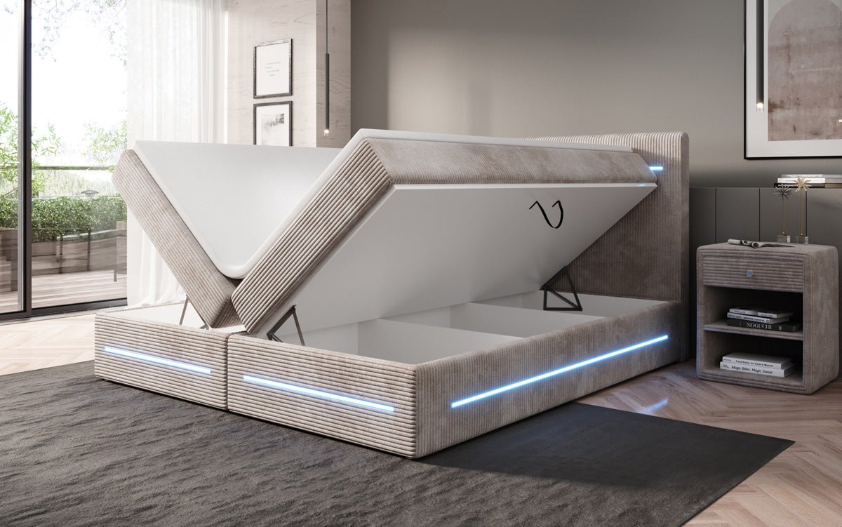 Boxspringbed Lara met opbergruimte en LED in Ribstof