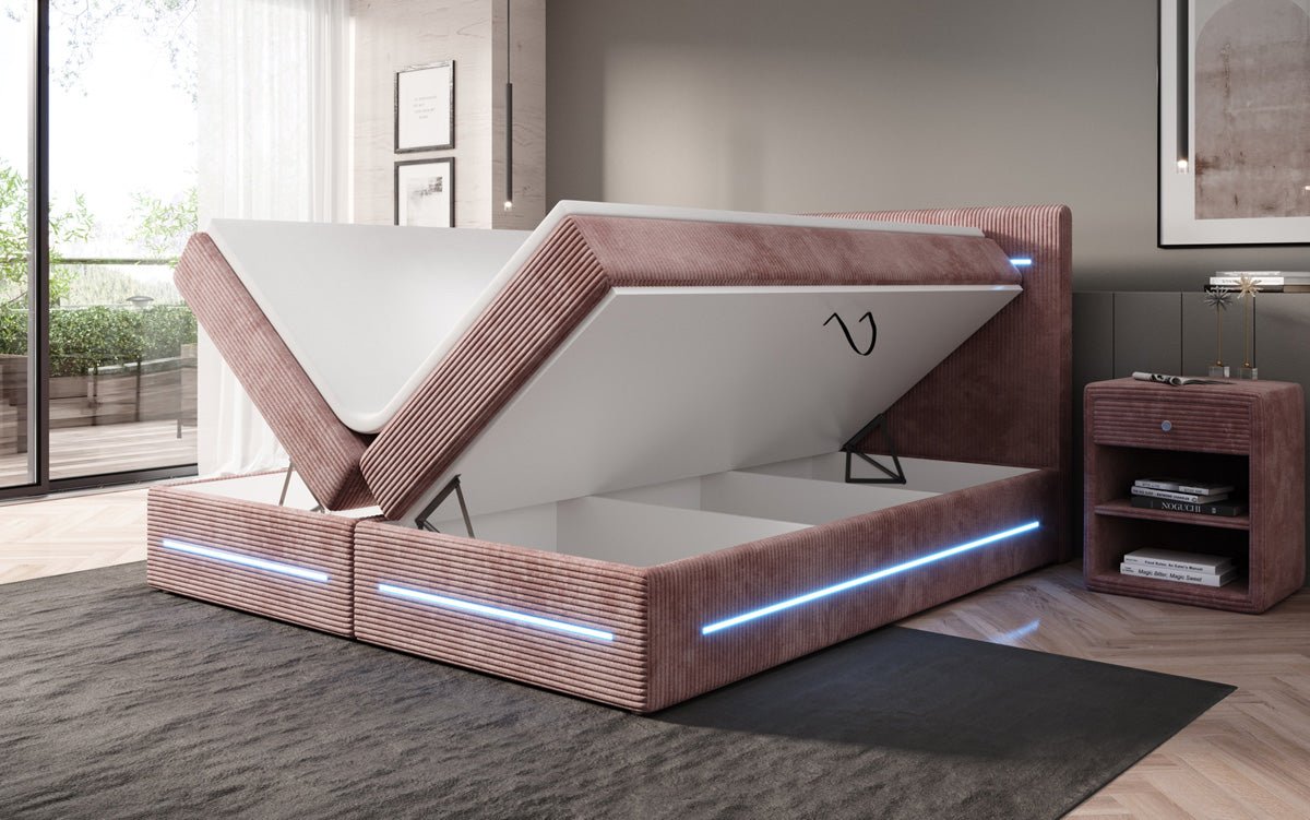 Boxspringbed Lara met opbergruimte en LED in Ribstof