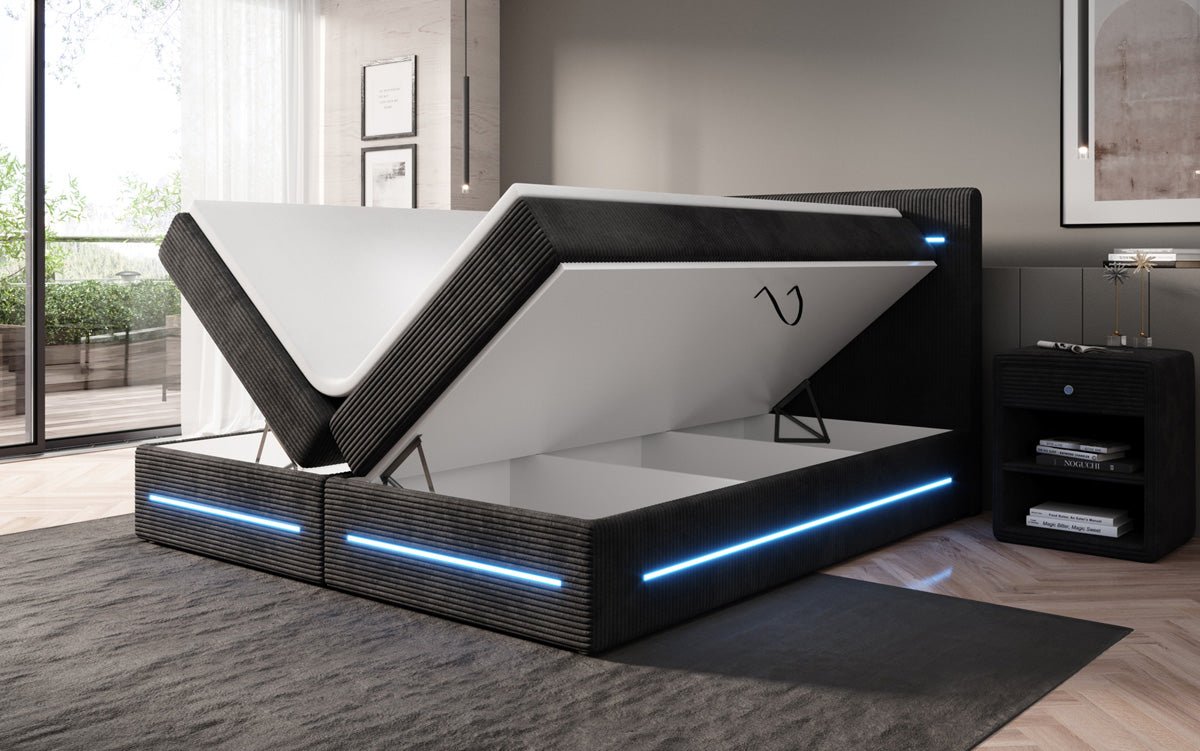 Boxspringbed Lara met opbergruimte en LED in Ribstof