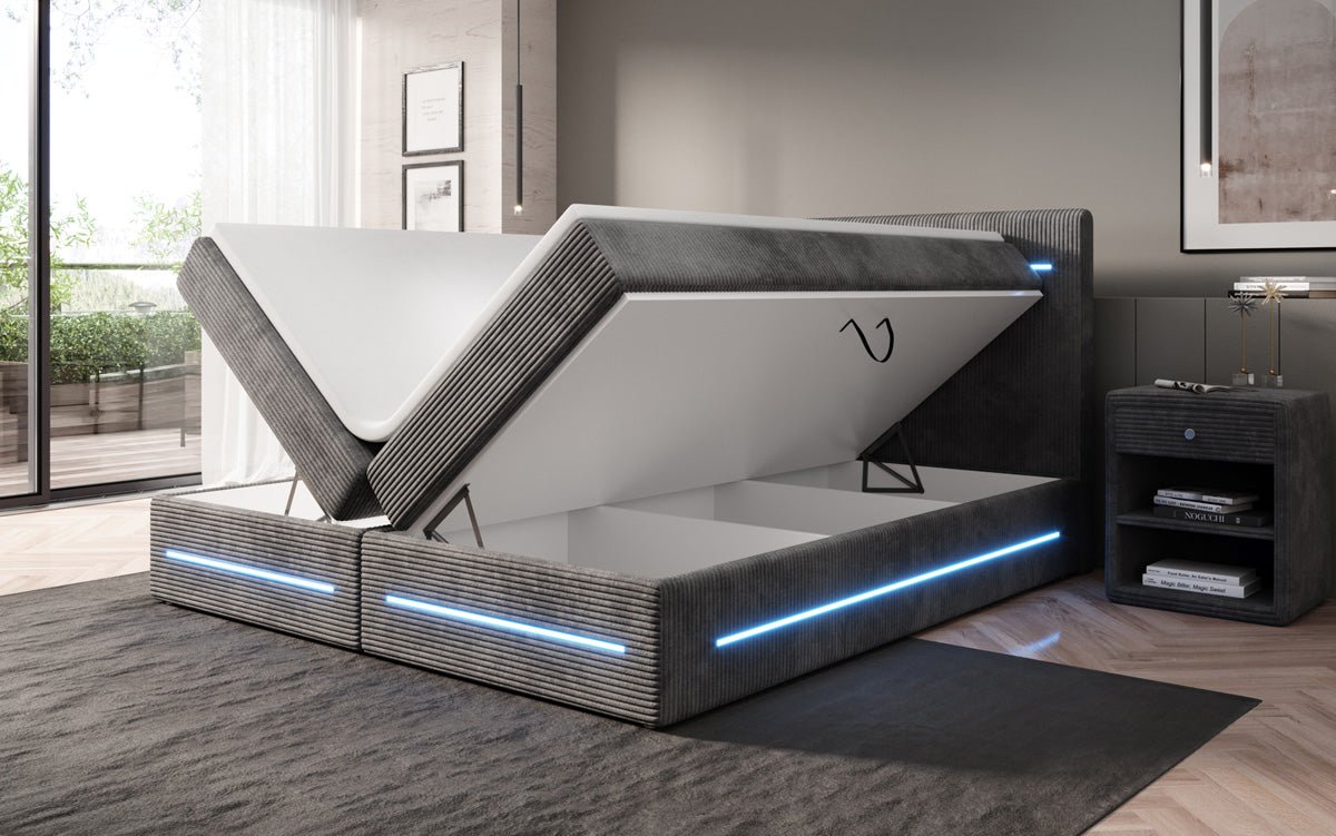 Boxspringbed Lara met opbergruimte en LED in Ribstof