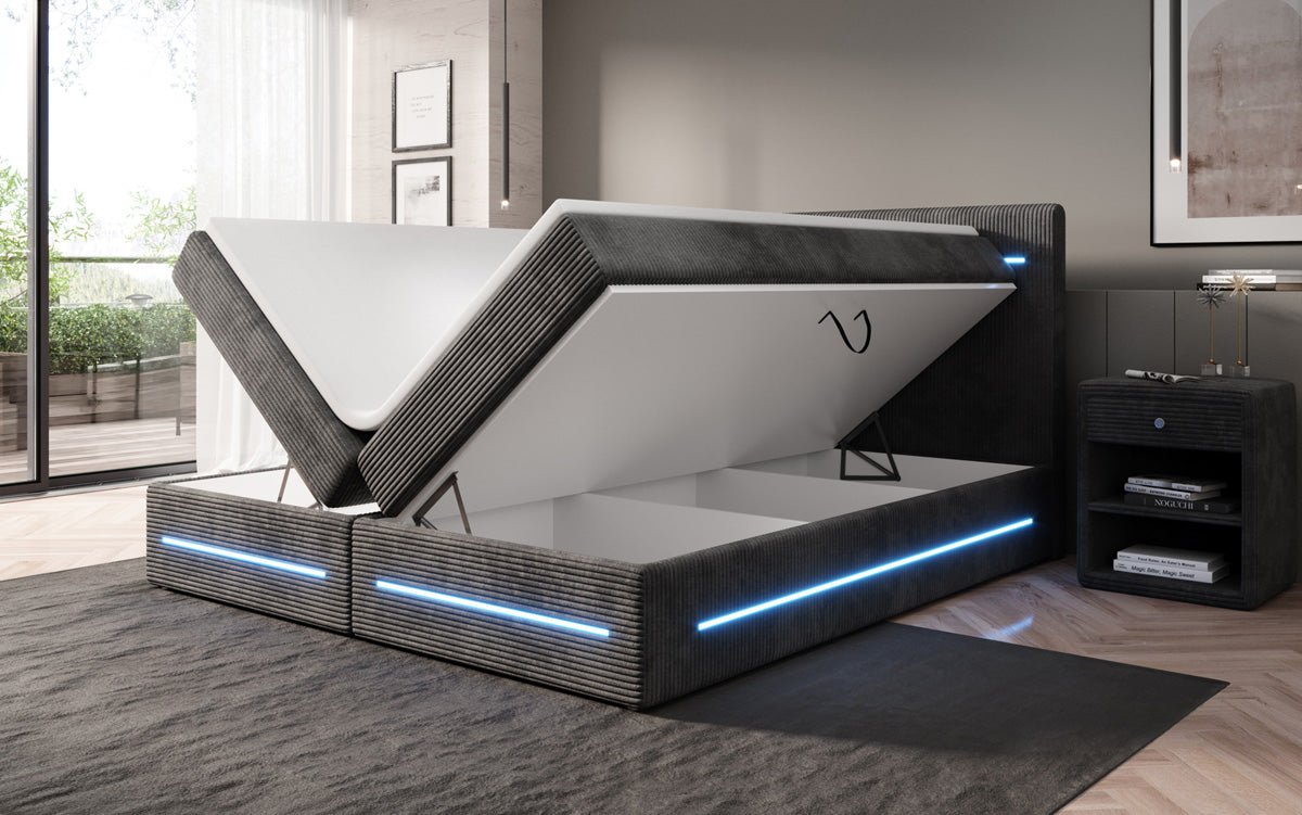 Boxspringbed Lara met opbergruimte en LED in Ribstof