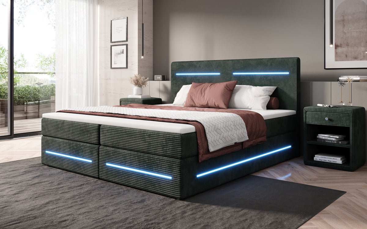Boxspringbed Lara met opbergruimte en LED in Ribstof
