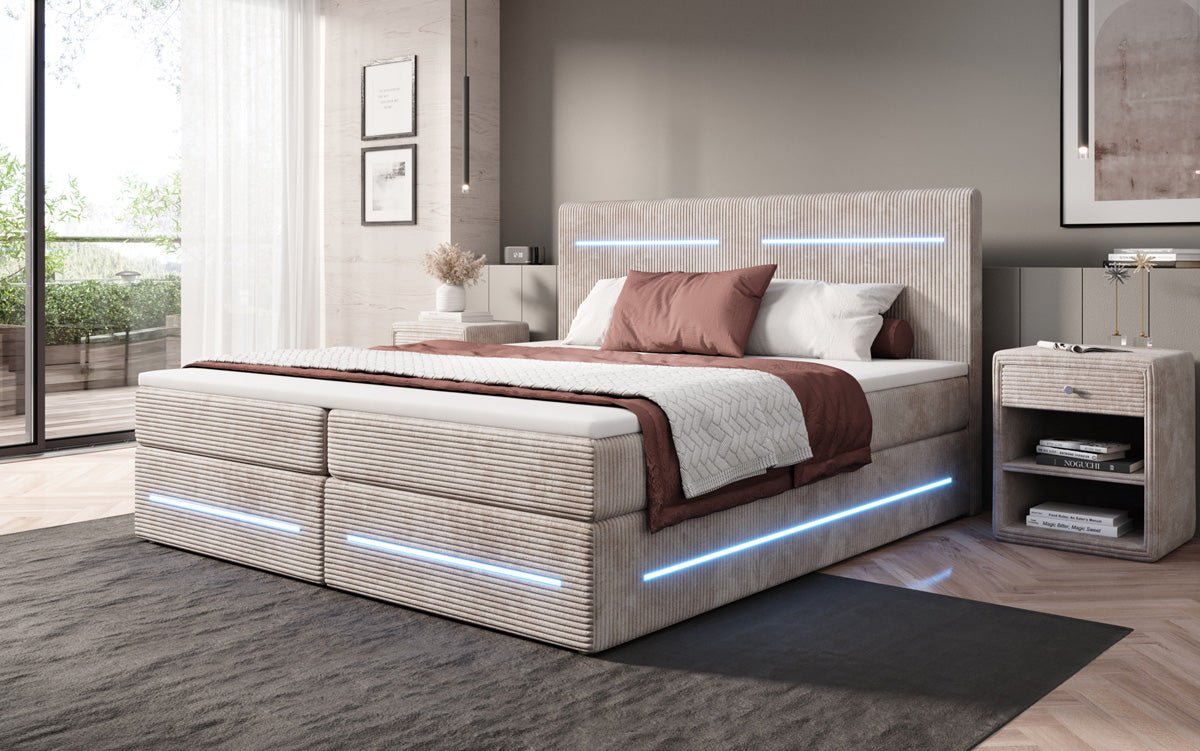 Boxspringbed Lara met opbergruimte en LED in Ribstof