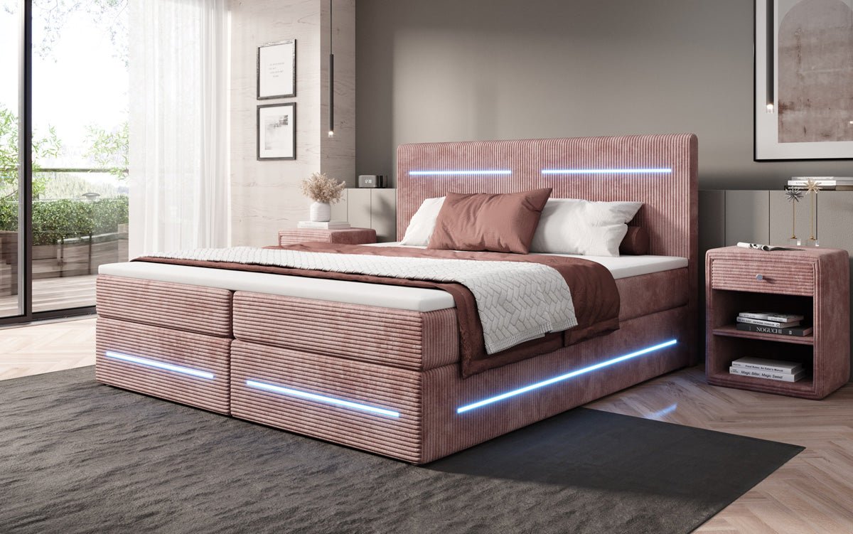 Boxspringbed Lara met opbergruimte en LED in Ribstof
