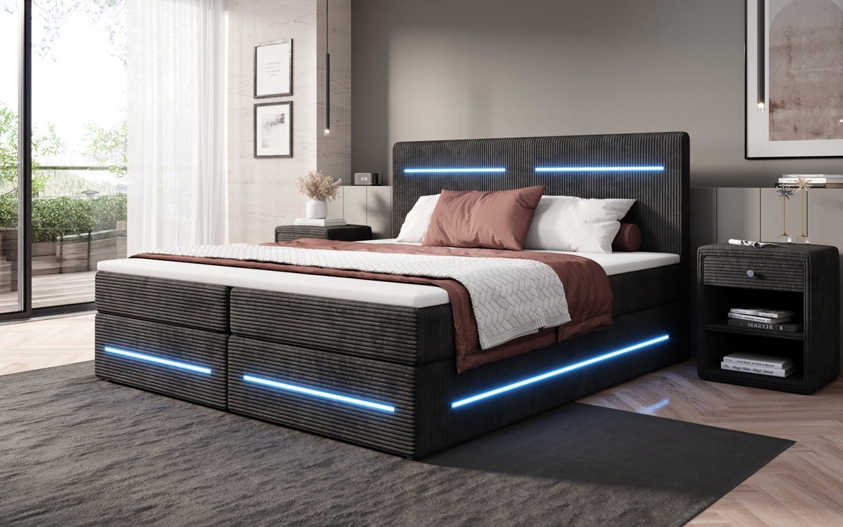 Boxspringbed Lara met opbergruimte en LED in Ribstof