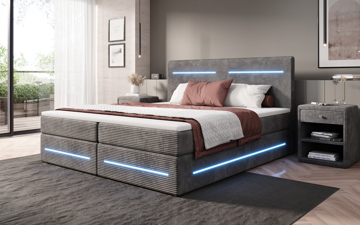 Boxspringbed Lara met opbergruimte en LED in Ribstof