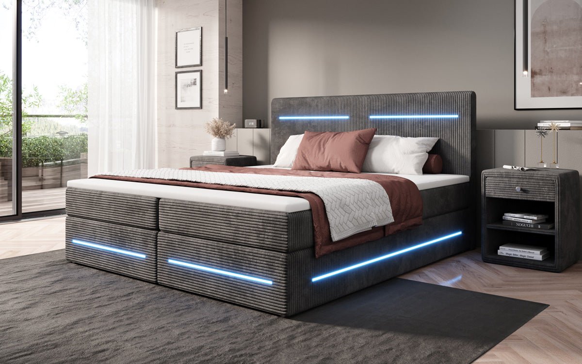 Boxspringbed Lara met opbergruimte en LED in Ribstof