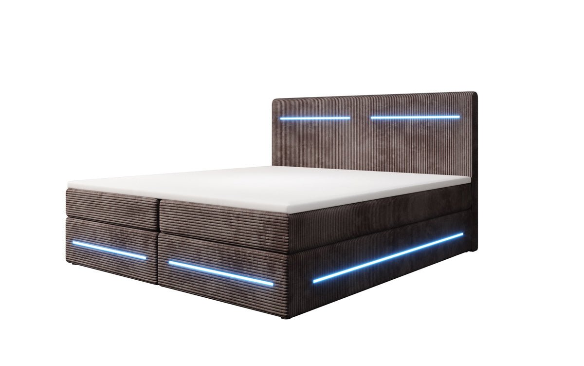 Boxspringbed Lara met opbergruimte en LED in Ribstof