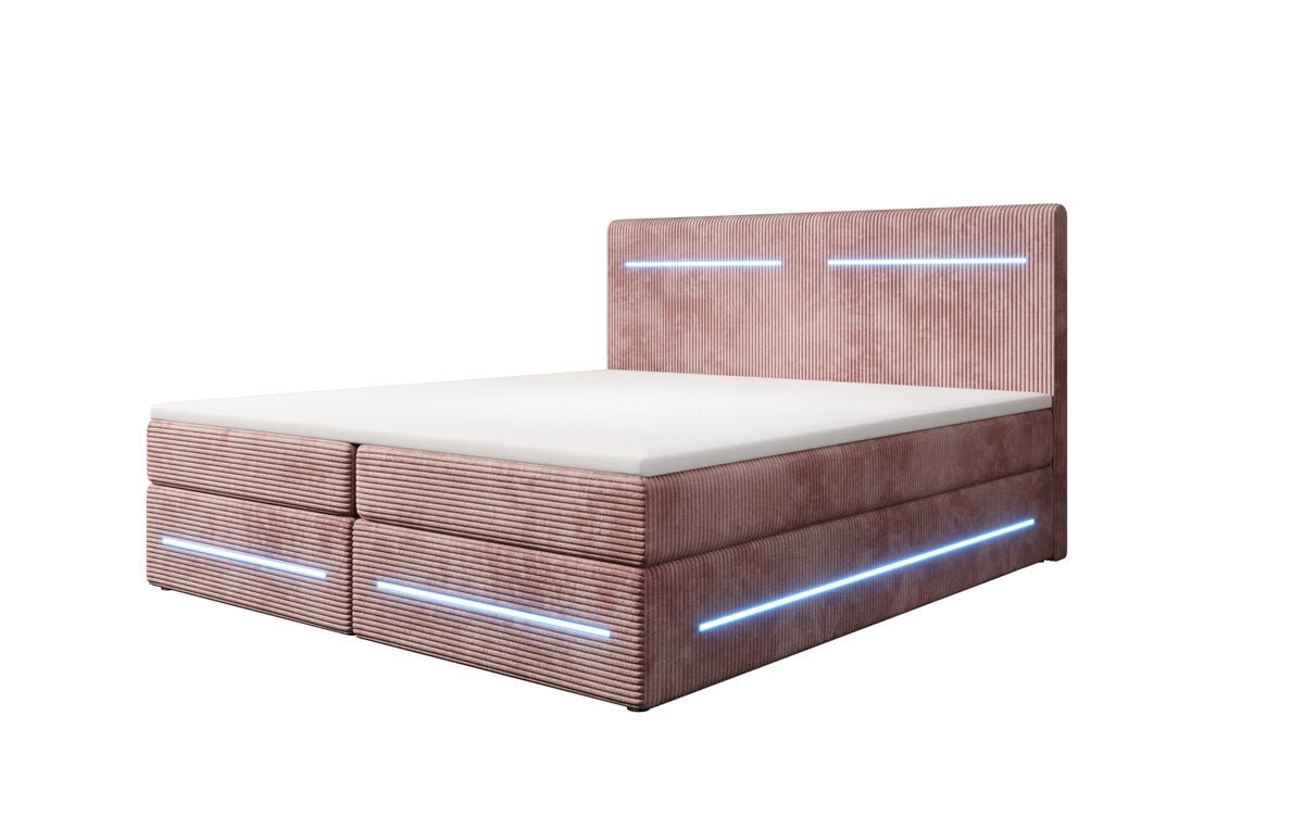 Boxspringbed Lara met opbergruimte en LED in Ribstof
