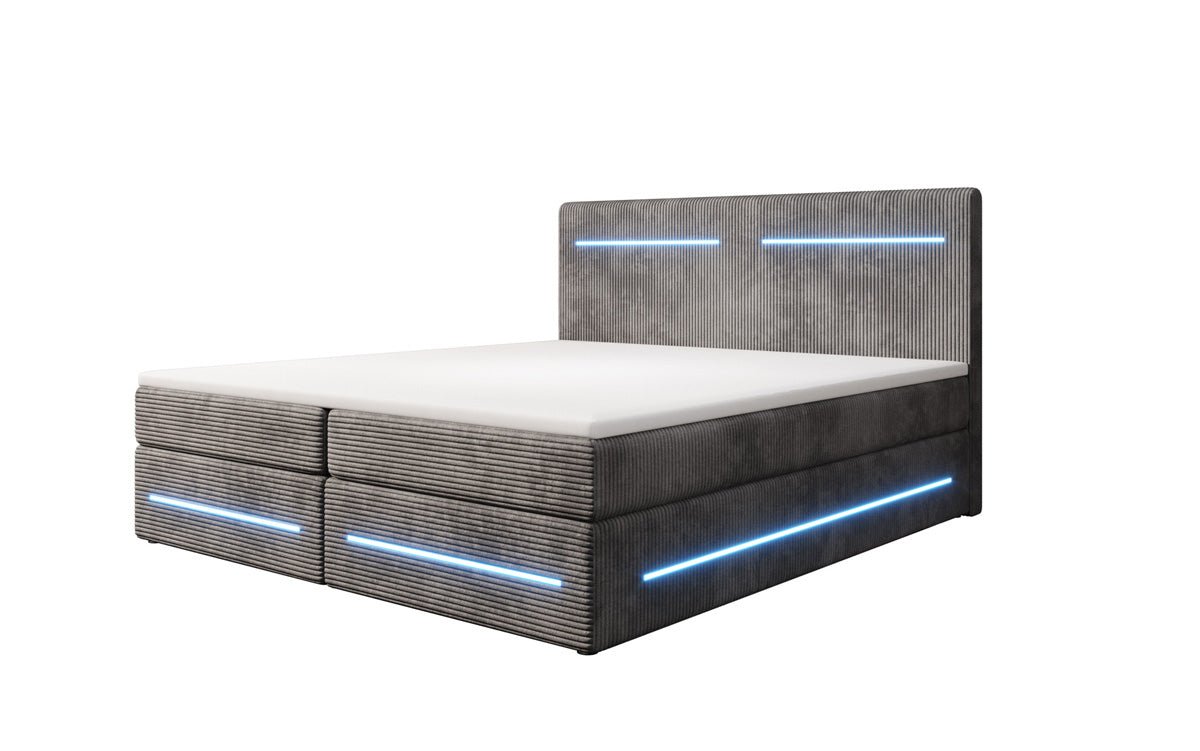 Boxspringbed Lara met opbergruimte en LED in Ribstof