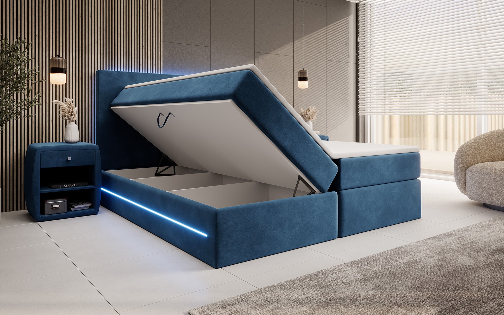Voyage Boxspring Bed with LED and Storage in Velvet
