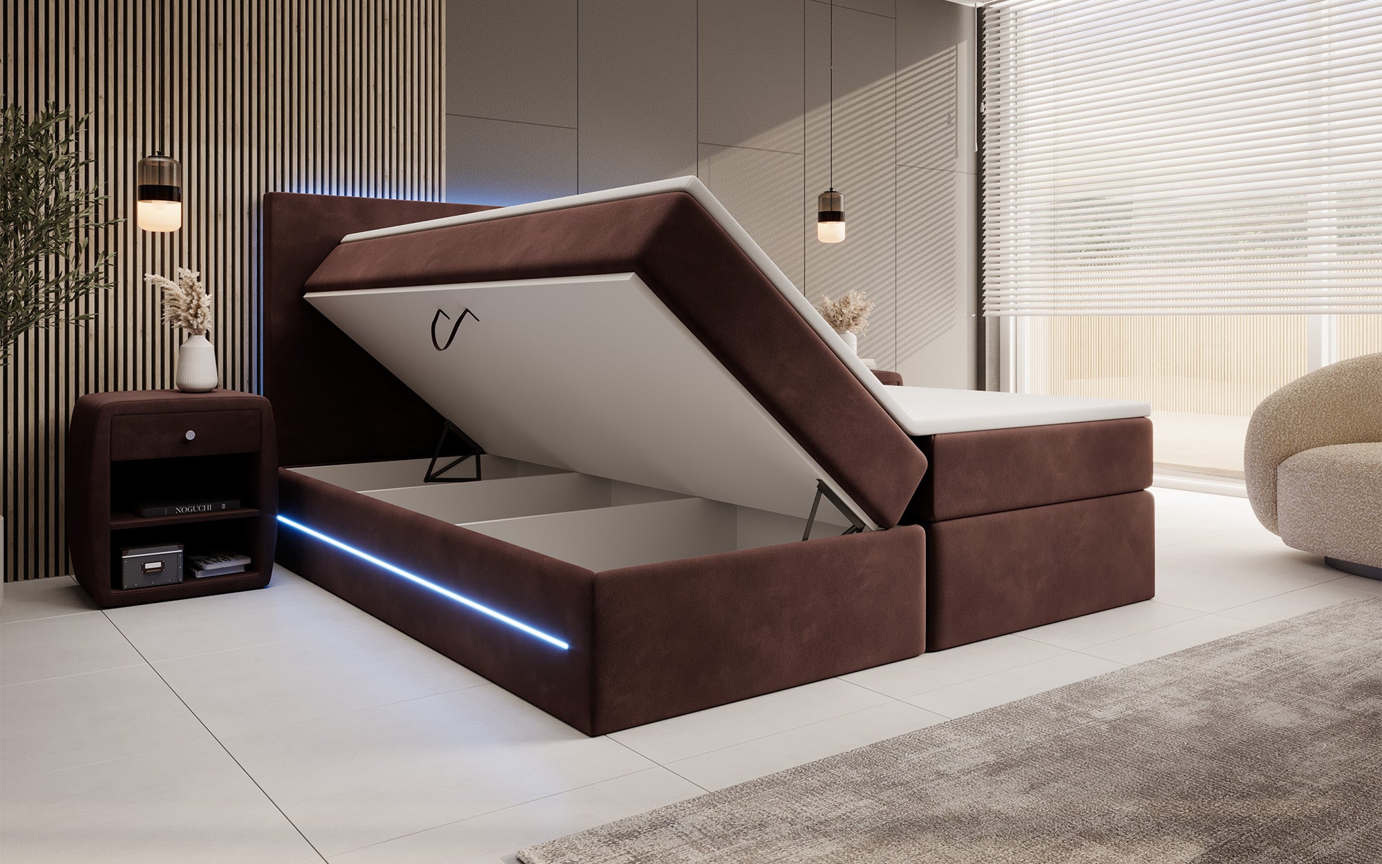 Voyage Boxspring Bed with LED and Storage in Velvet
