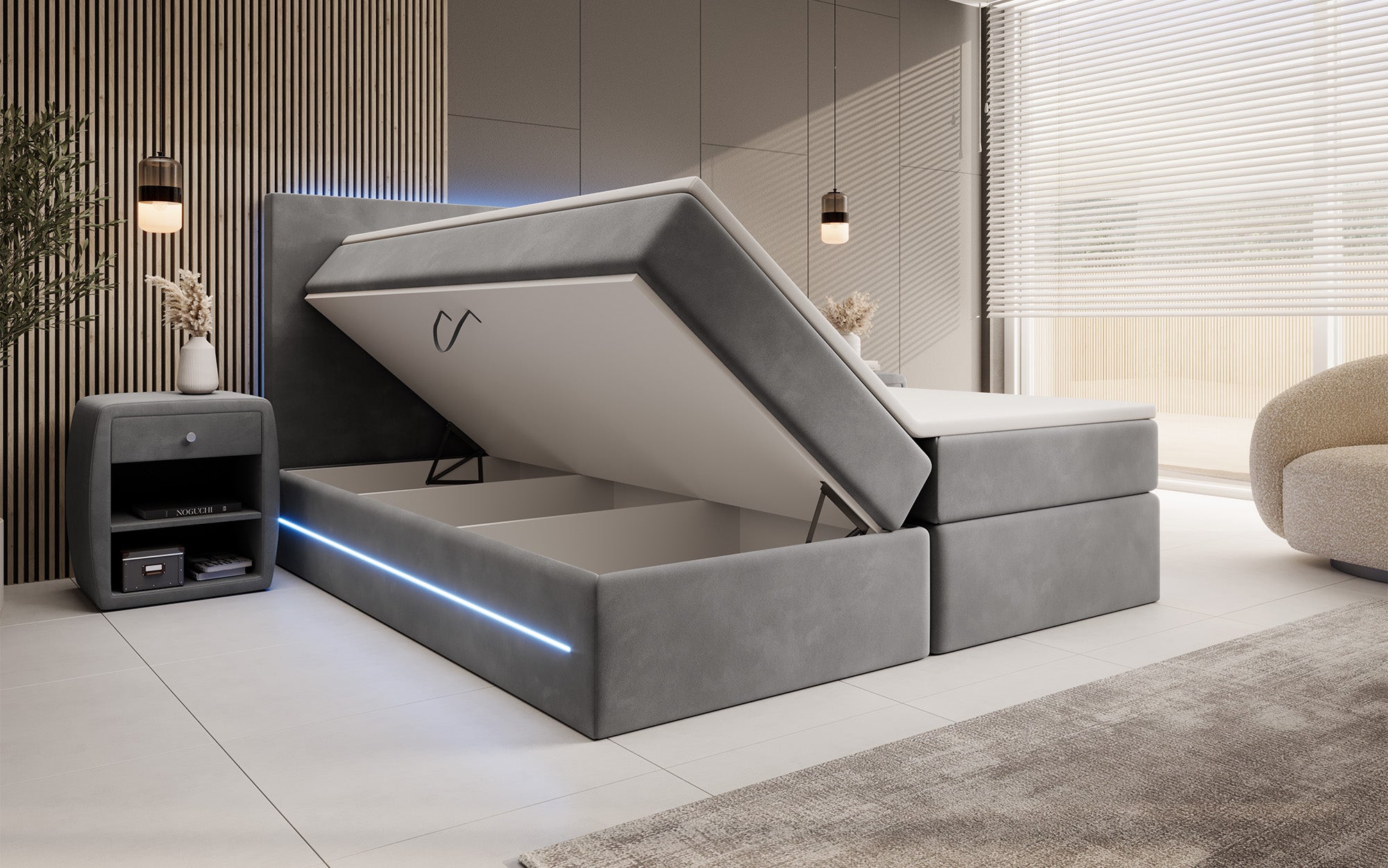 Voyage Boxspring Bed with LED and Storage in Velvet