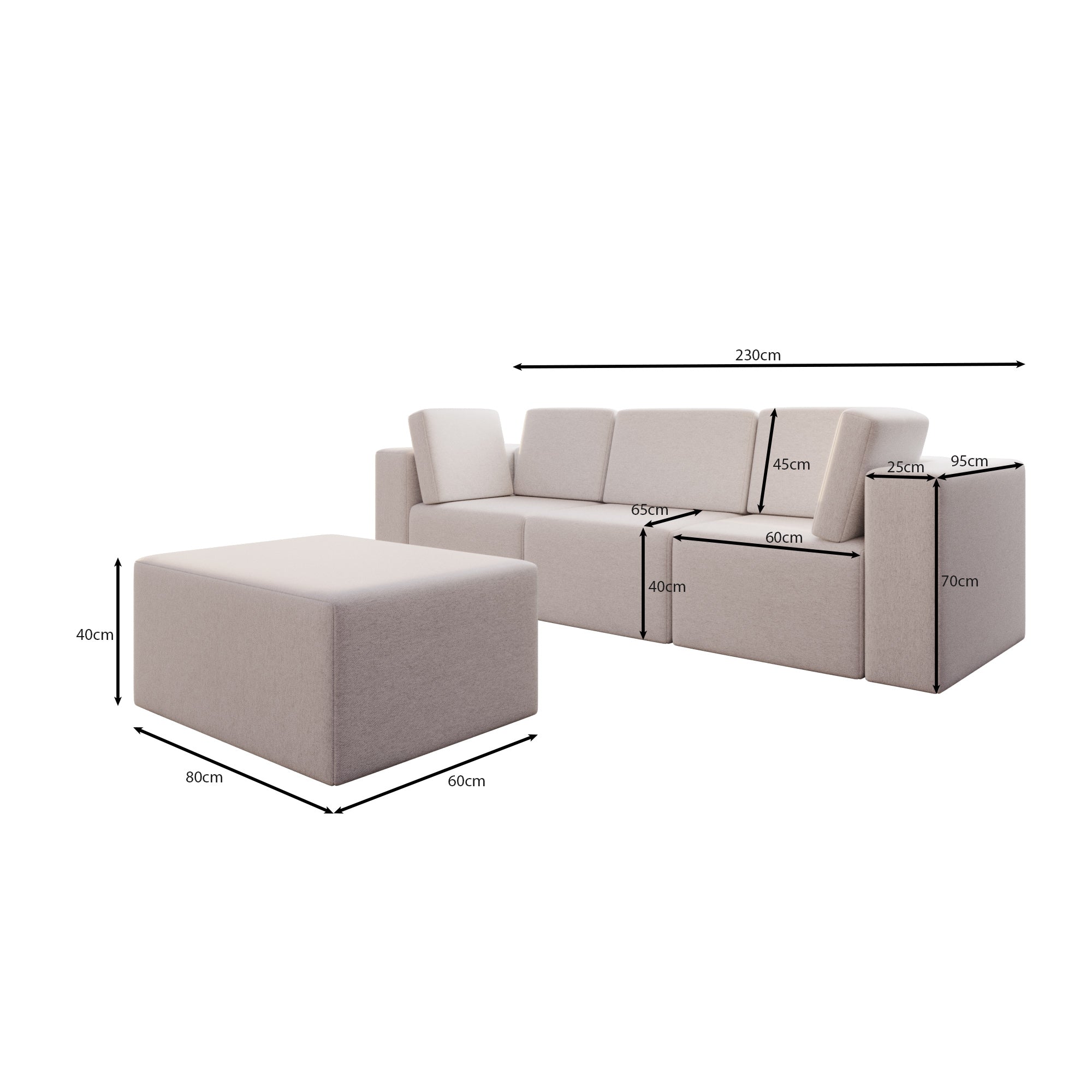 Sofa de jardin modulaire Eden 3 places avec pouf assorti