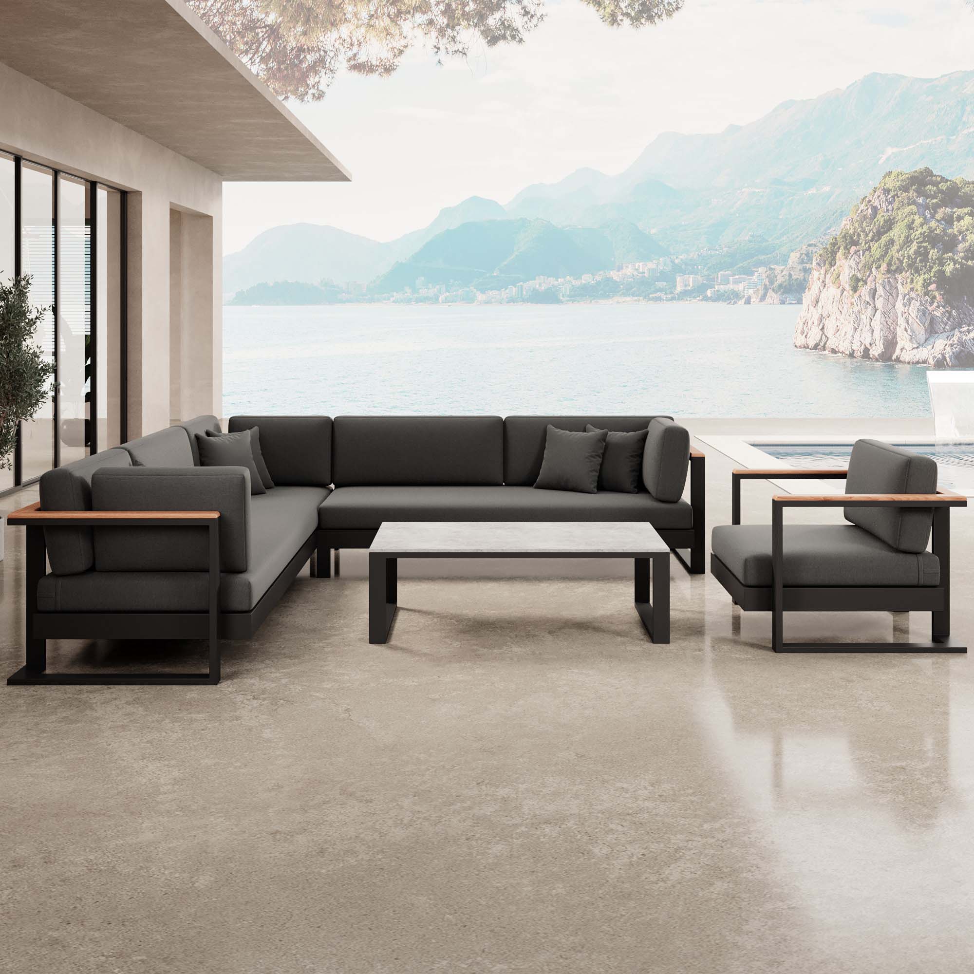 Vayla – Ensemble de salon comprenant un canapé d'angle, un fauteuil lounge et une table en aluminium noir | Collection Aevora™