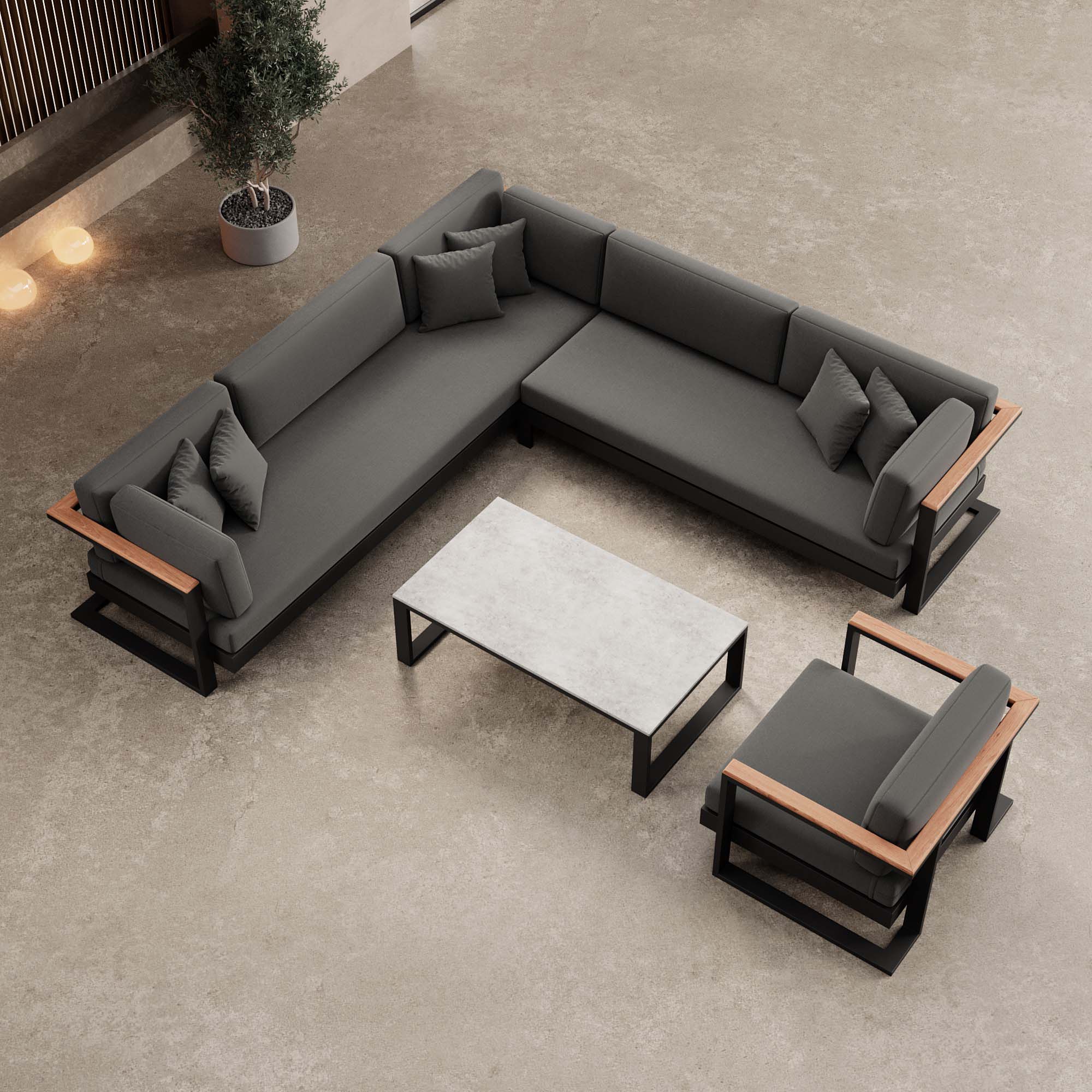 Vayla – Ensemble de salon comprenant un canapé d'angle, un fauteuil lounge et une table en aluminium noir | Collection Aevora™