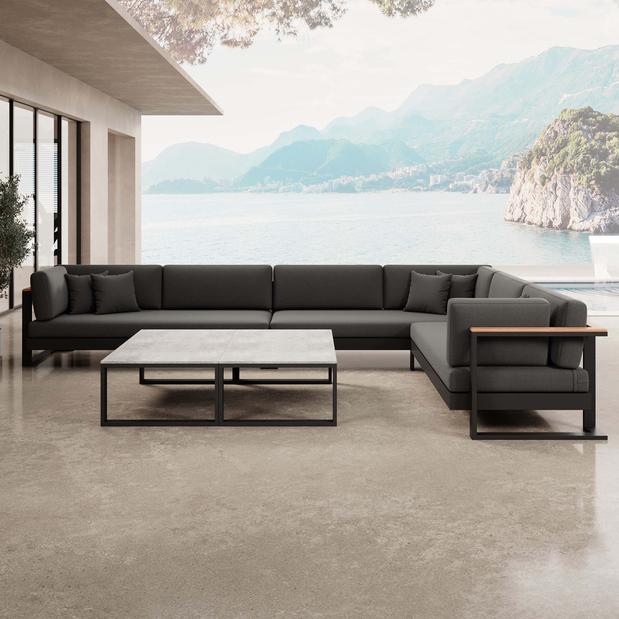 Vayla – Sectional with Double Table & Corner Sofa in Black Aluminum | Aevora™ Collection
