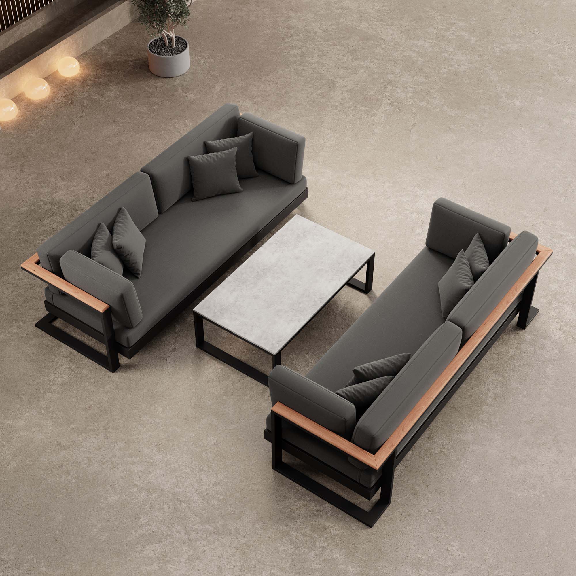 Vayla – 2 canapés deux places & table en aluminium noir | Collection Aevora™