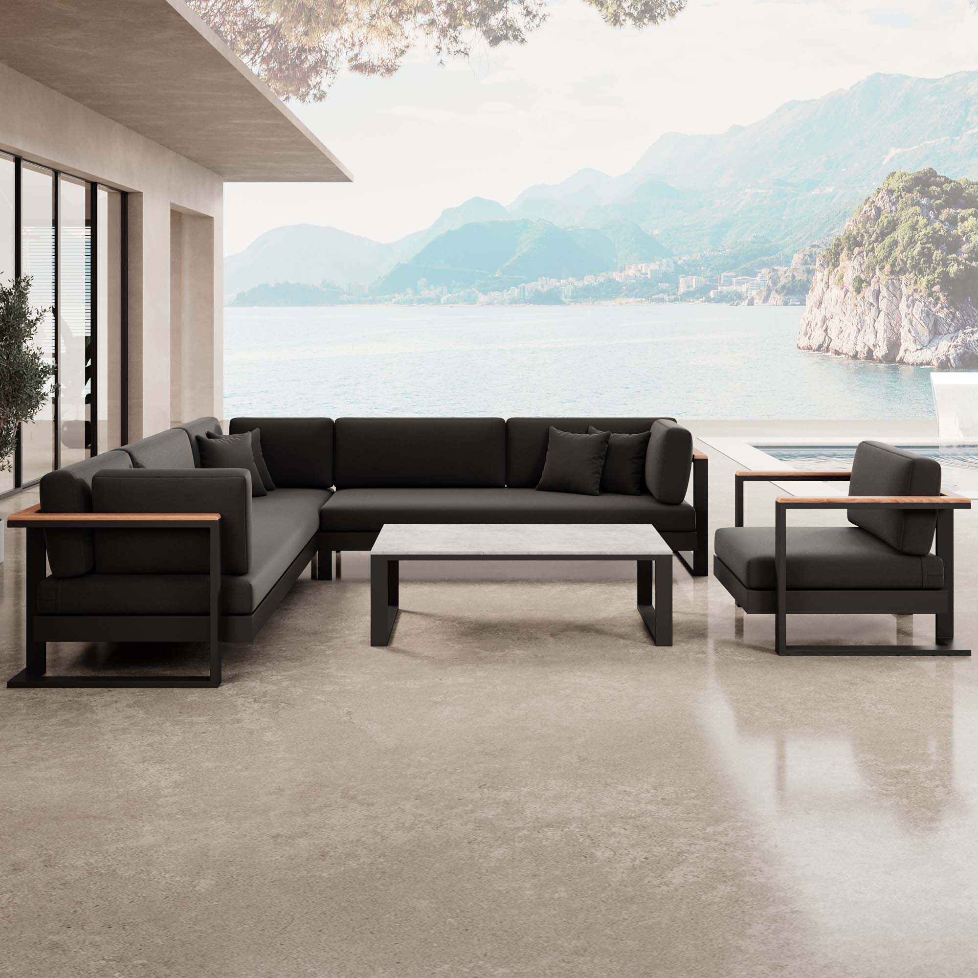 Vayla – Ensemble de salon comprenant un canapé d'angle, un fauteuil lounge et une table en aluminium noir | Collection Aevora™