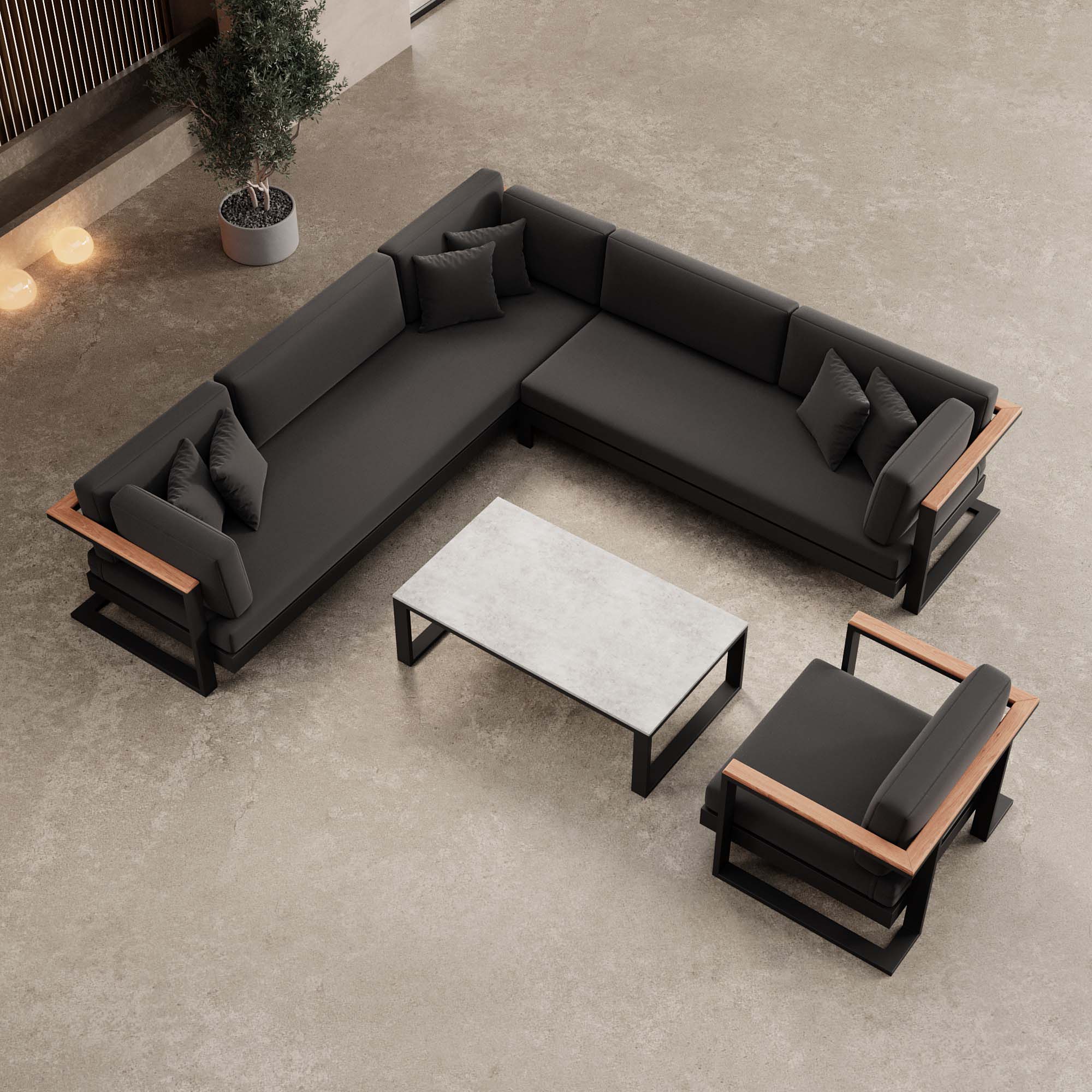 Vayla – Ensemble de salon comprenant un canapé d'angle, un fauteuil lounge et une table en aluminium noir | Collection Aevora™