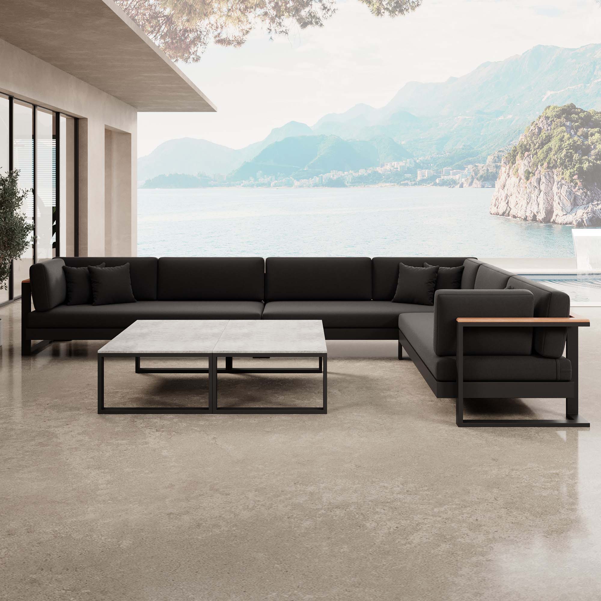 Vayla – Sectional with Double Table & Corner Sofa in Black Aluminum | Aevora™ Collection