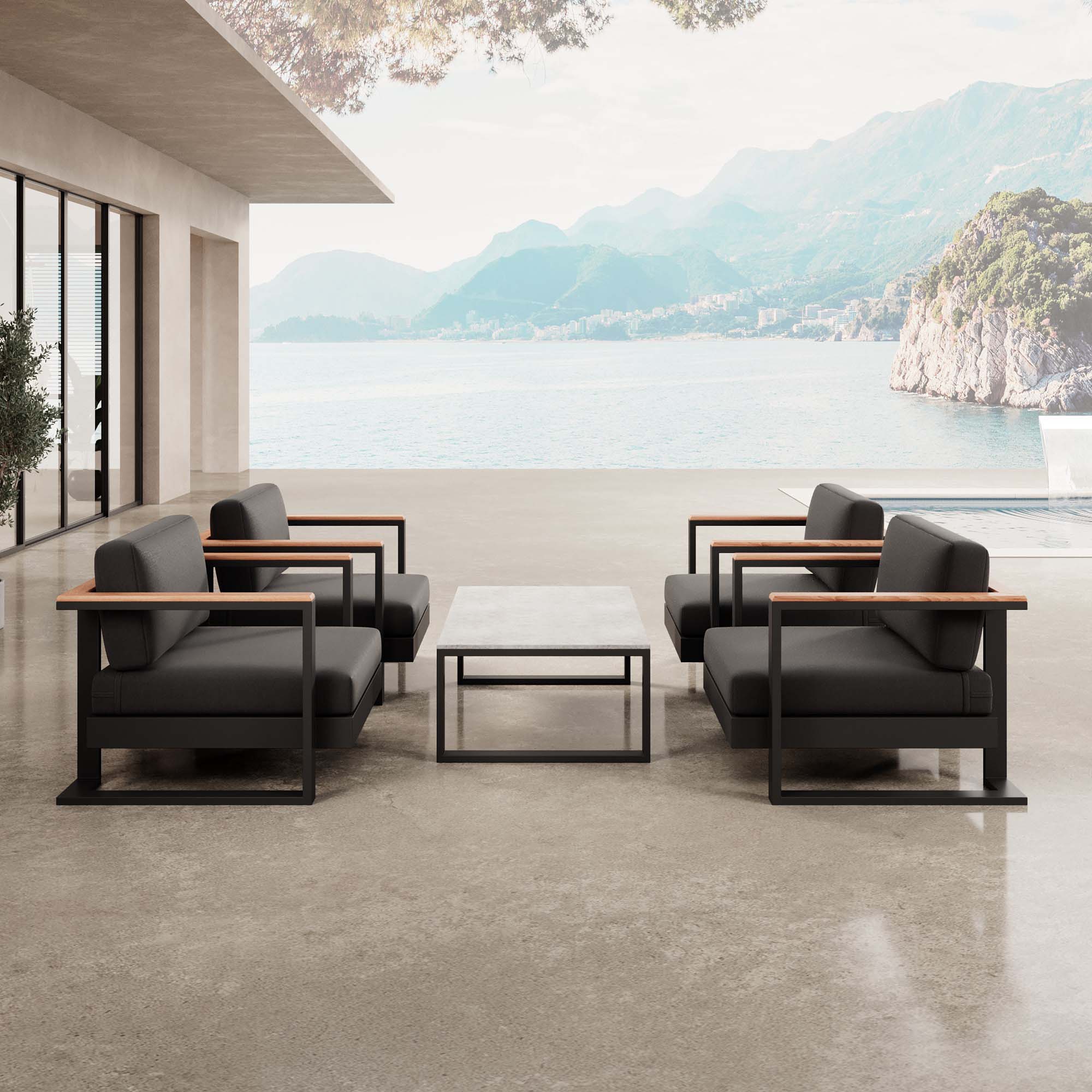Vayla – 4 fauteuils lounge et une table en aluminium noir | Collection Aevora™