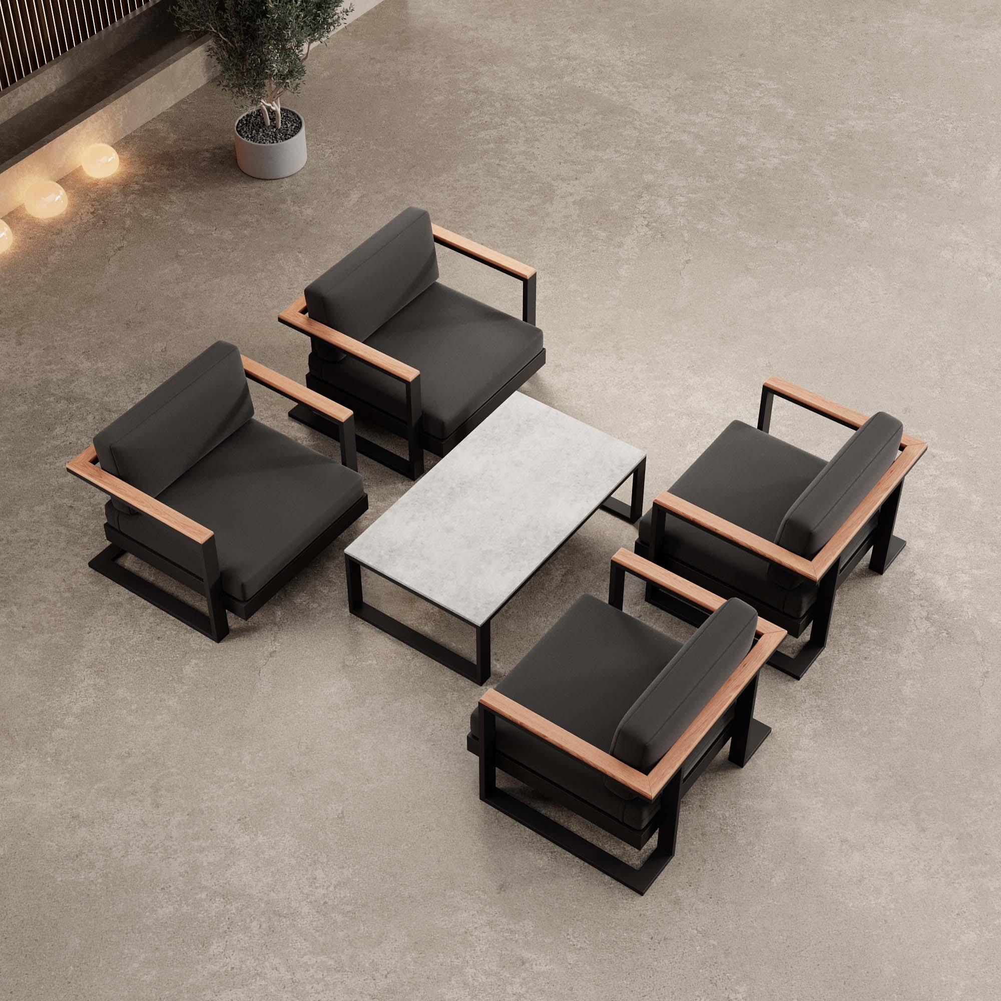 Vayla – 4 fauteuils lounge et une table en aluminium noir | Collection Aevora™