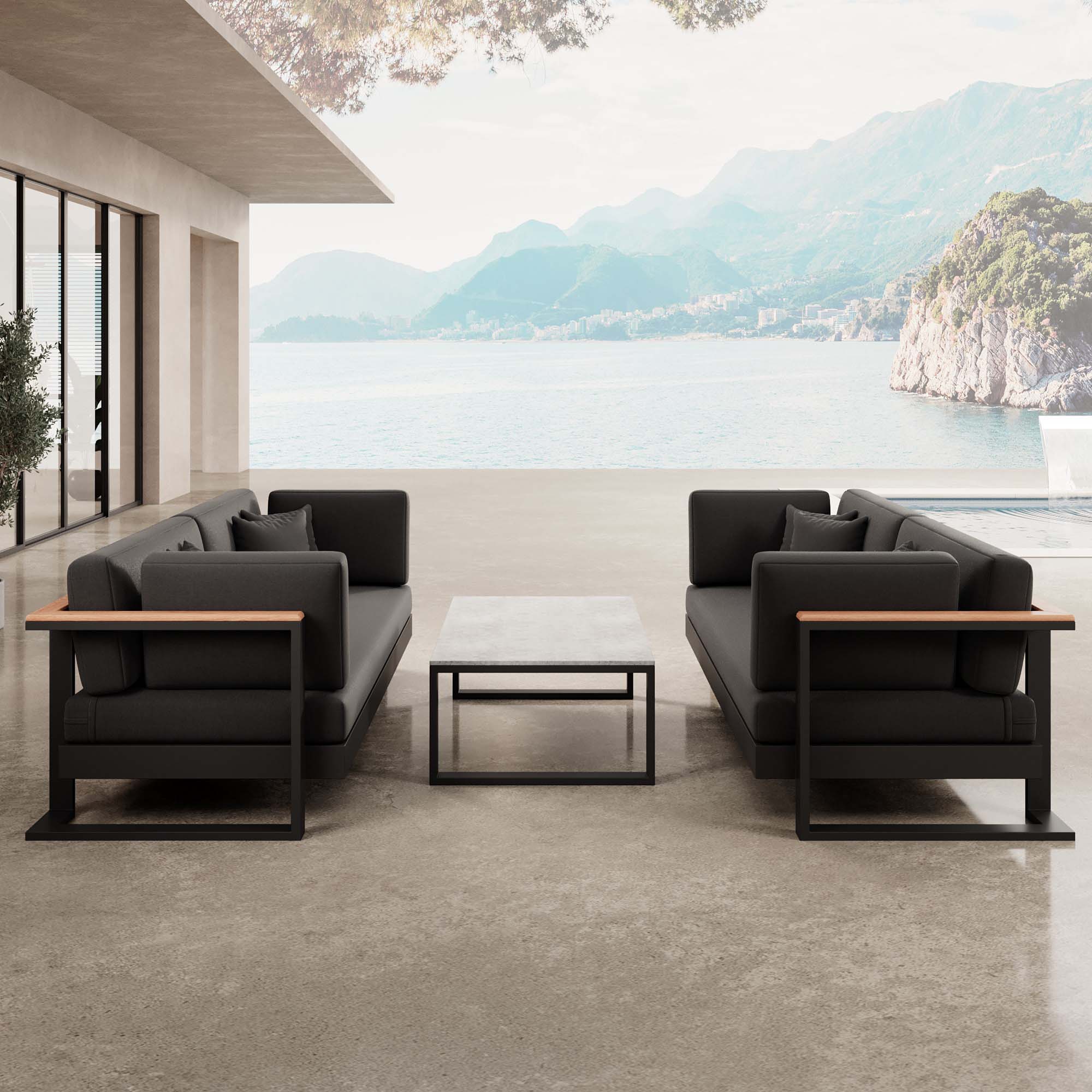 Vayla – 2 canapés deux places & table en aluminium noir | Collection Aevora™