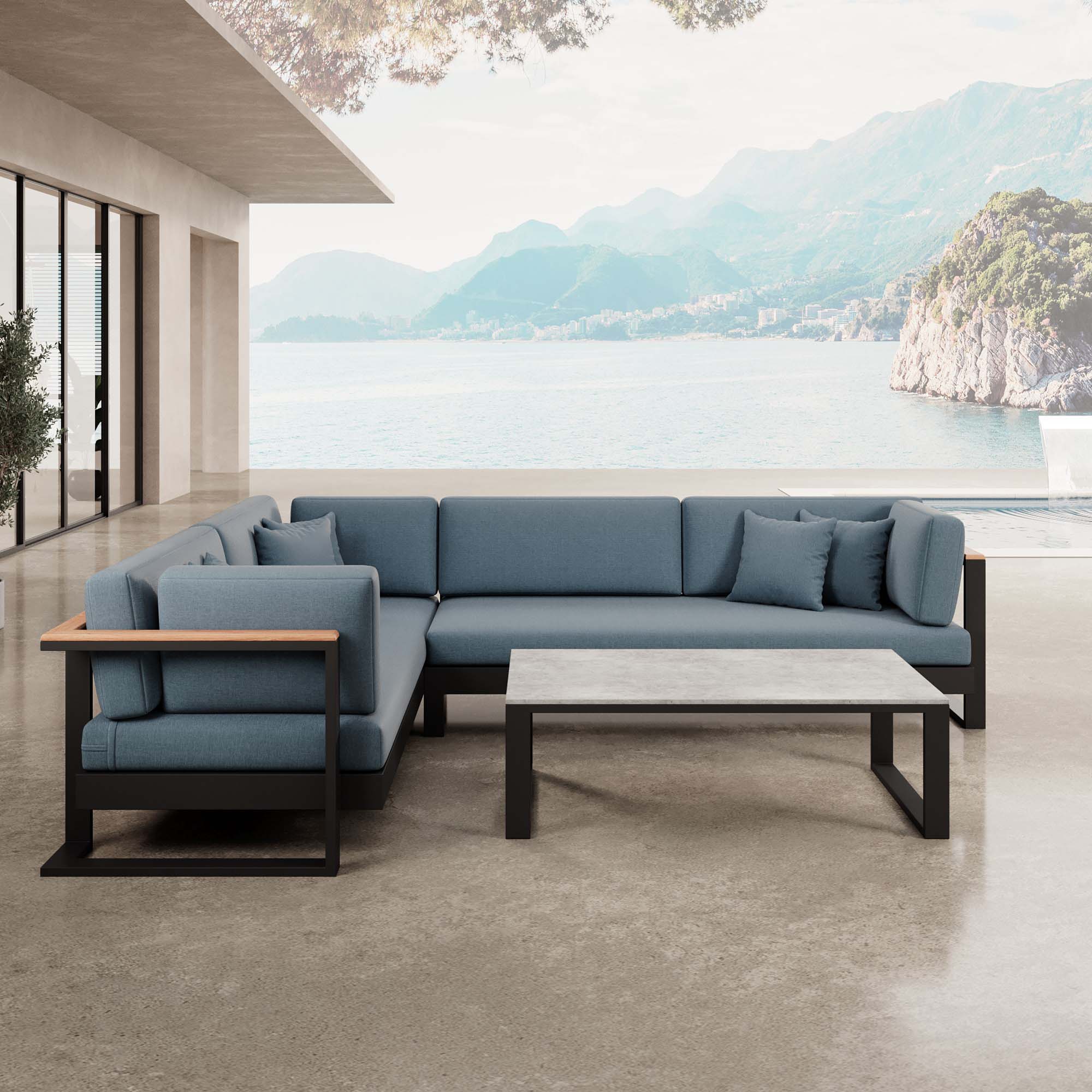 Vayla – Canapé et table d'extérieur L-Form en aluminium noir | Collection Aevora™