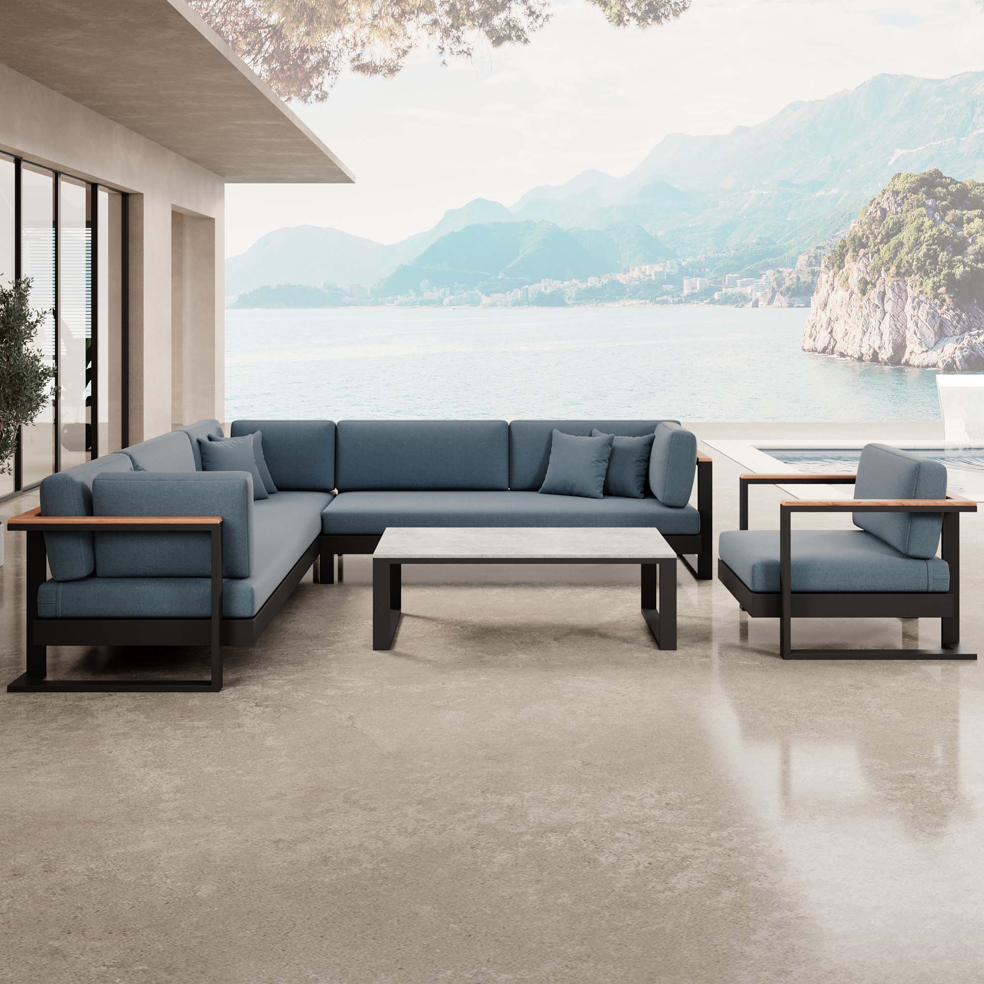 Vayla – Ensemble de salon comprenant un canapé d'angle, un fauteuil lounge et une table en aluminium noir | Collection Aevora™