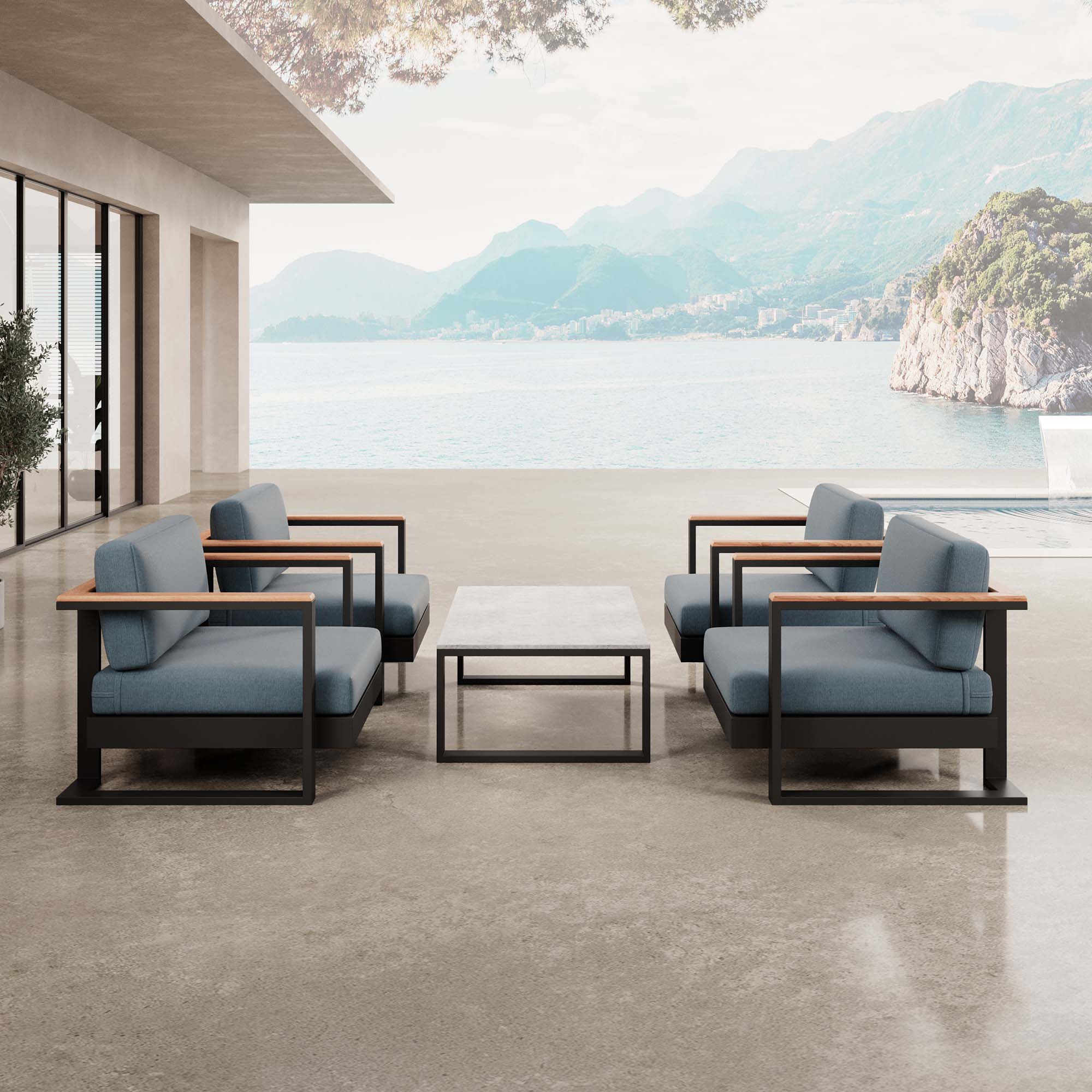 Vayla – 4 fauteuils lounge et une table en aluminium noir | Collection Aevora™