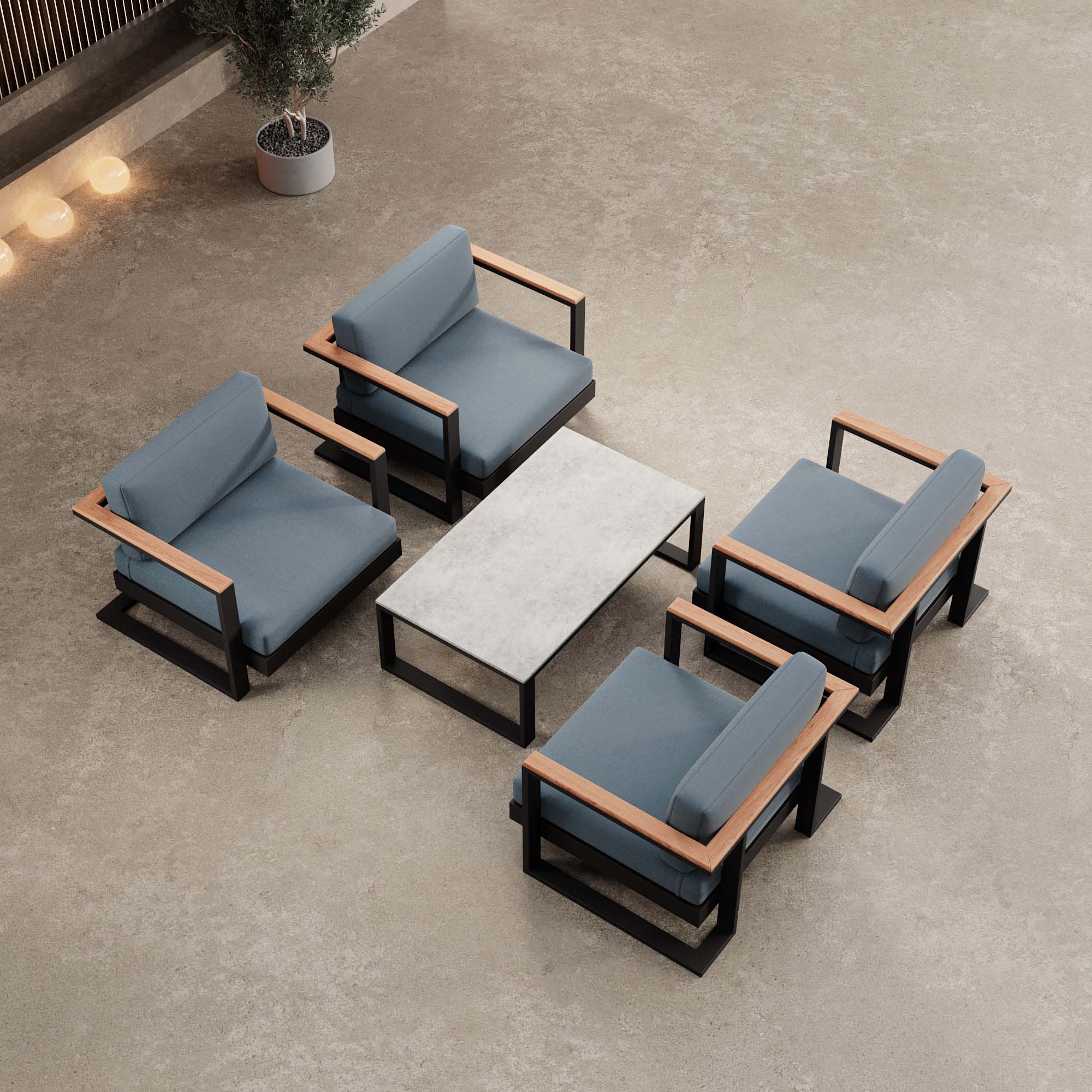 Vayla – 4 fauteuils lounge et une table en aluminium noir | Collection Aevora™