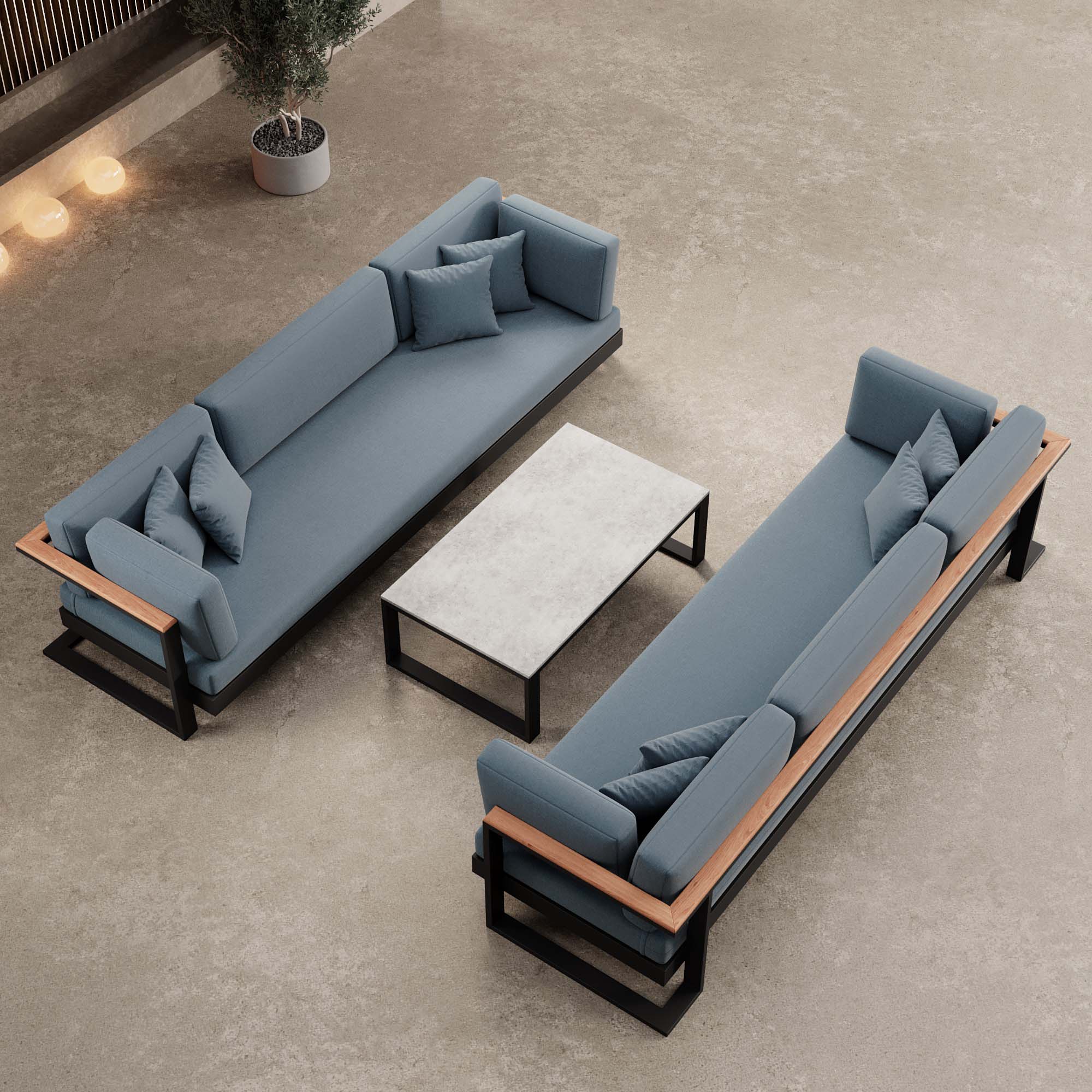 Vayla – 2 canapés trois places & table en aluminium noir | Collection Aevora™