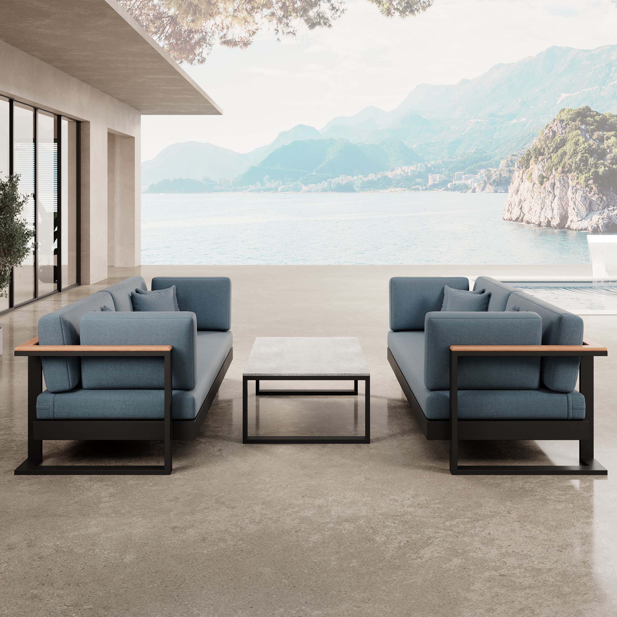 Vayla – 2 canapés deux places & table en aluminium noir | Collection Aevora™