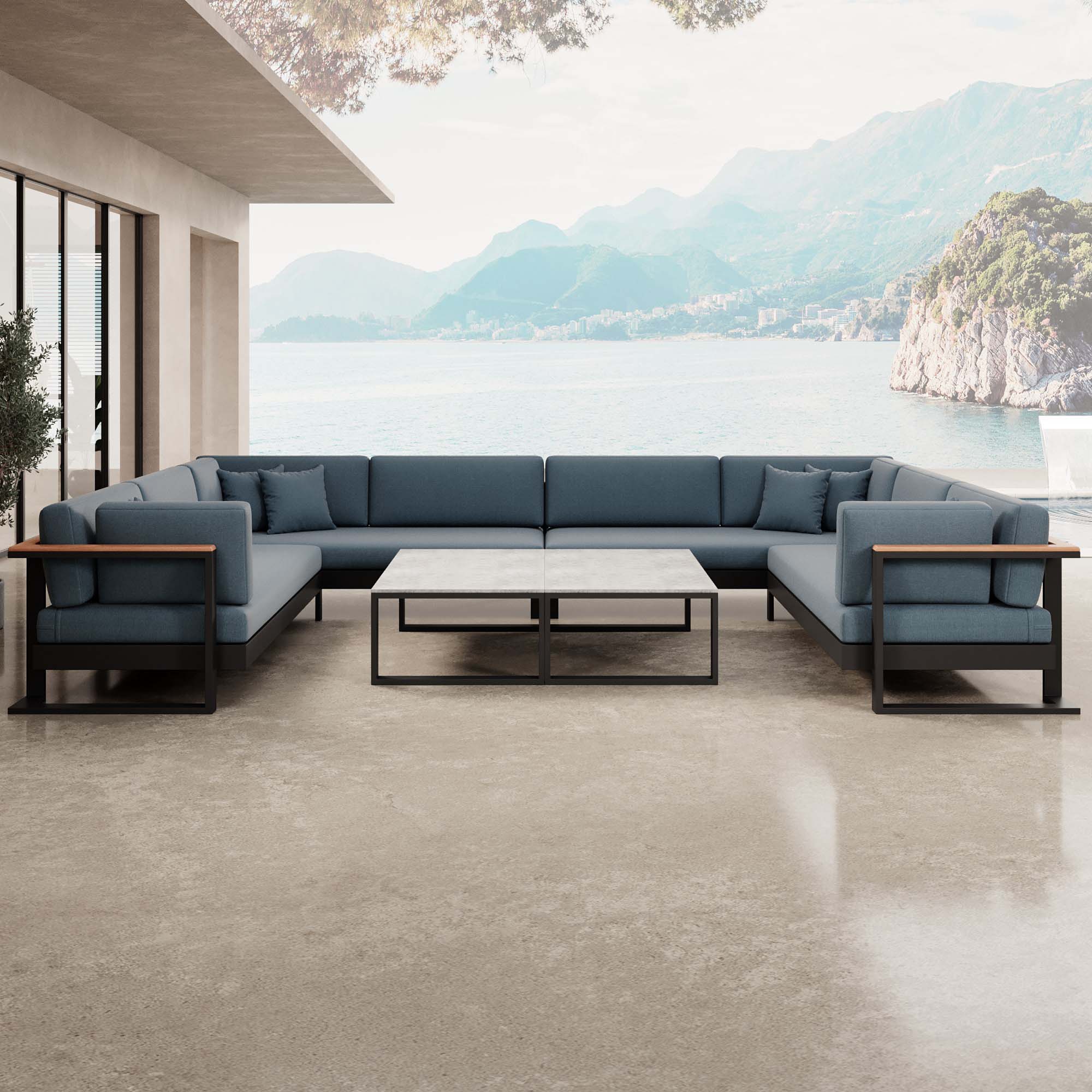 Vayla – Canapé d'angle en U avec table en aluminium noir | Collection Aevora™