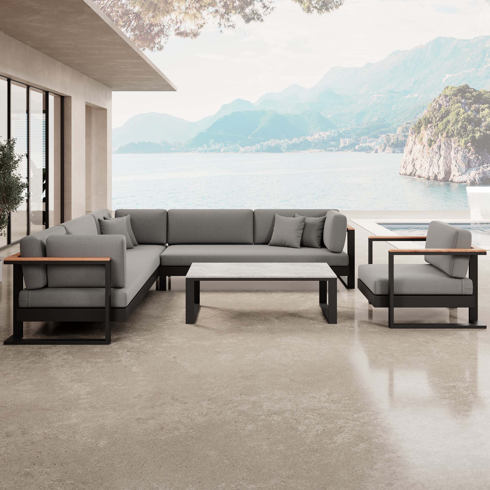 Vayla – Ensemble de salon comprenant un canapé d'angle, un fauteuil lounge et une table en aluminium noir | Collection Aevora™