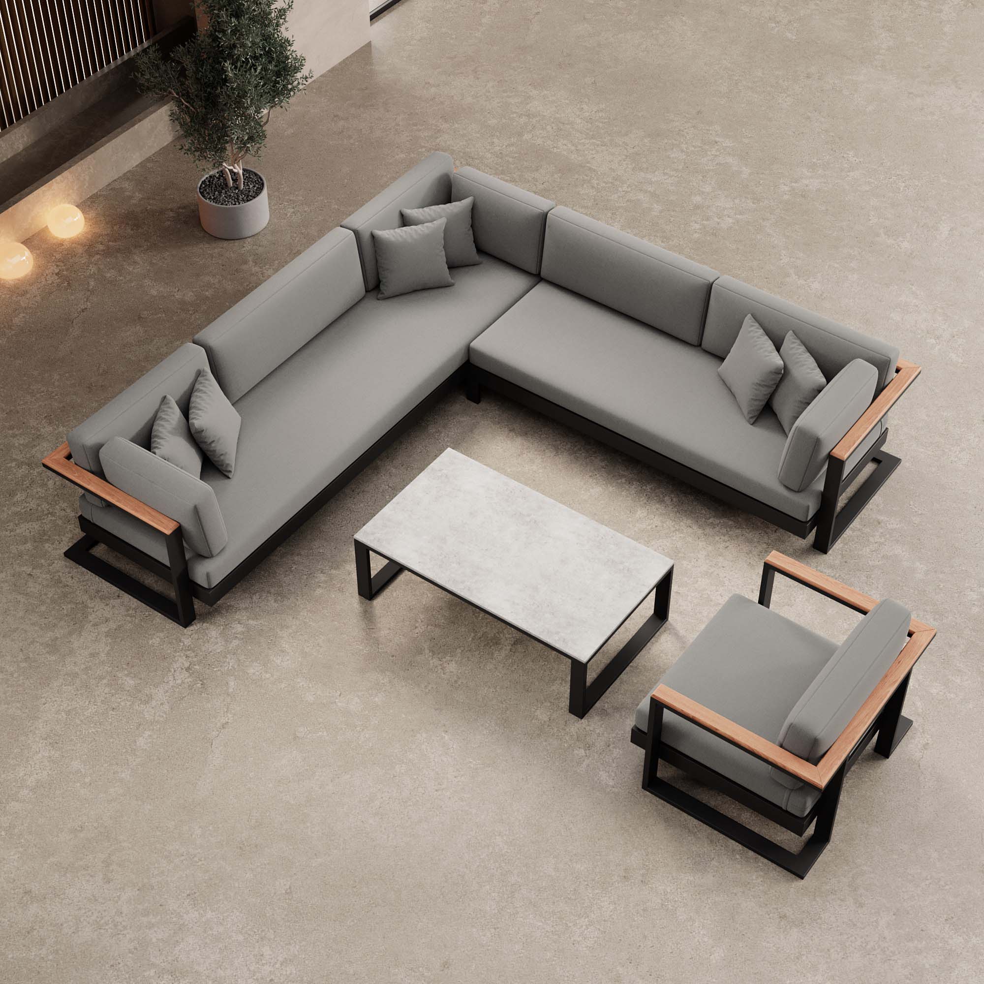 Vayla – Ensemble de salon comprenant un canapé d'angle, un fauteuil lounge et une table en aluminium noir | Collection Aevora™