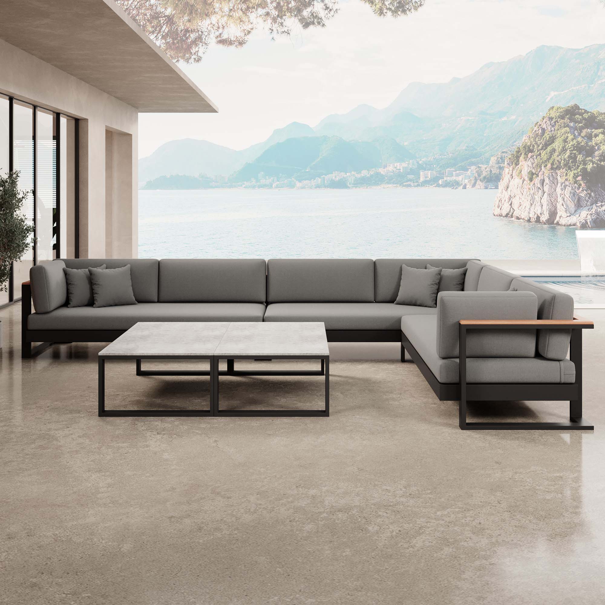 Vayla – Sectional with Double Table & Corner Sofa in Black Aluminum | Aevora™ Collection