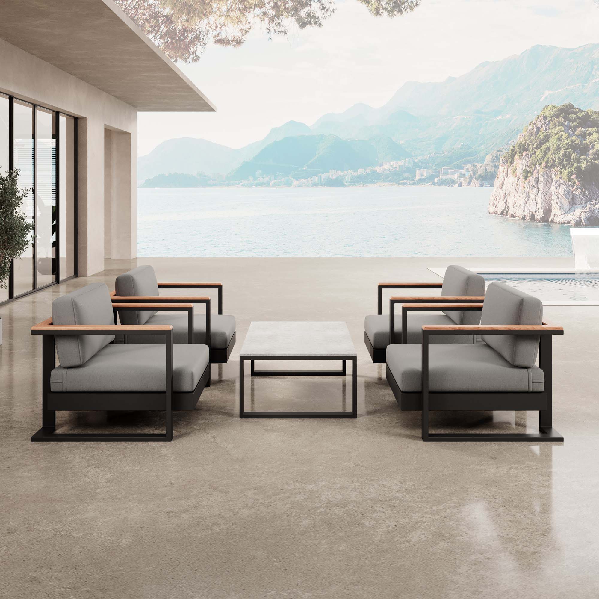 Vayla – 4 fauteuils lounge et une table en aluminium noir | Collection Aevora™