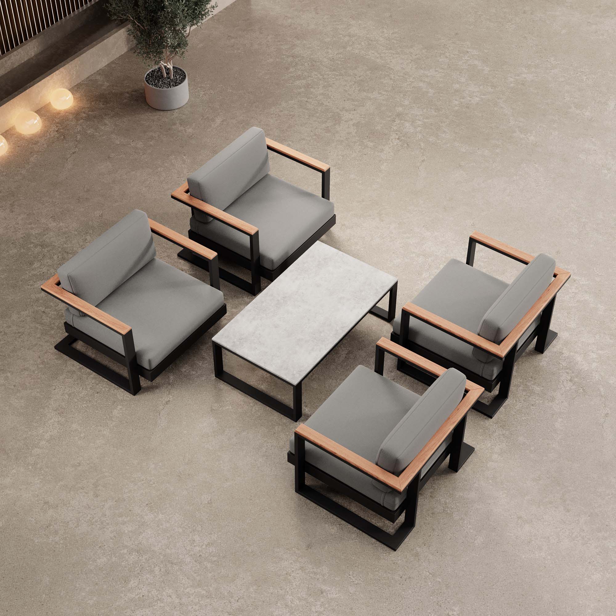 Vayla – 4 fauteuils lounge et une table en aluminium noir | Collection Aevora™