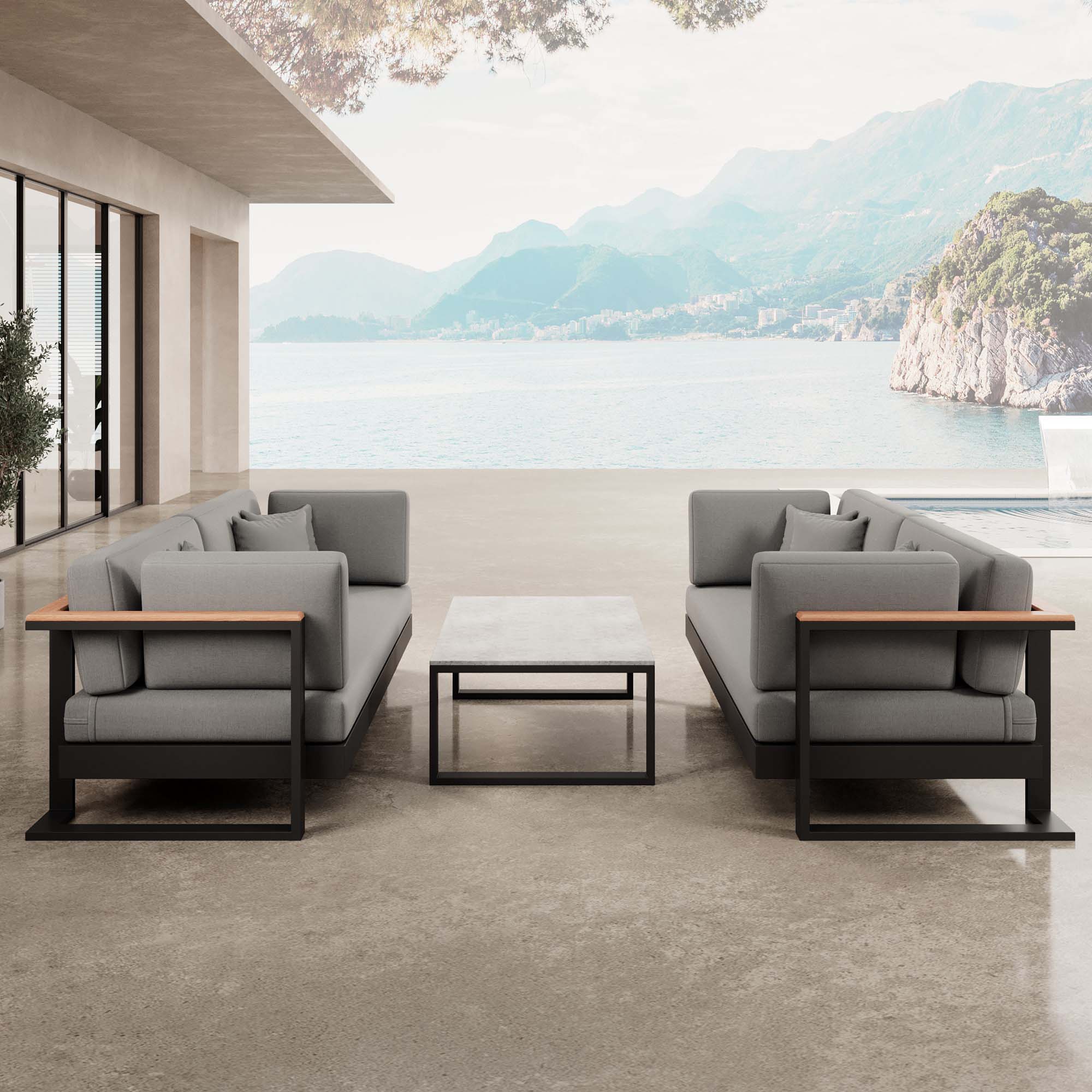 Vayla – 2 canapés deux places & table en aluminium noir | Collection Aevora™