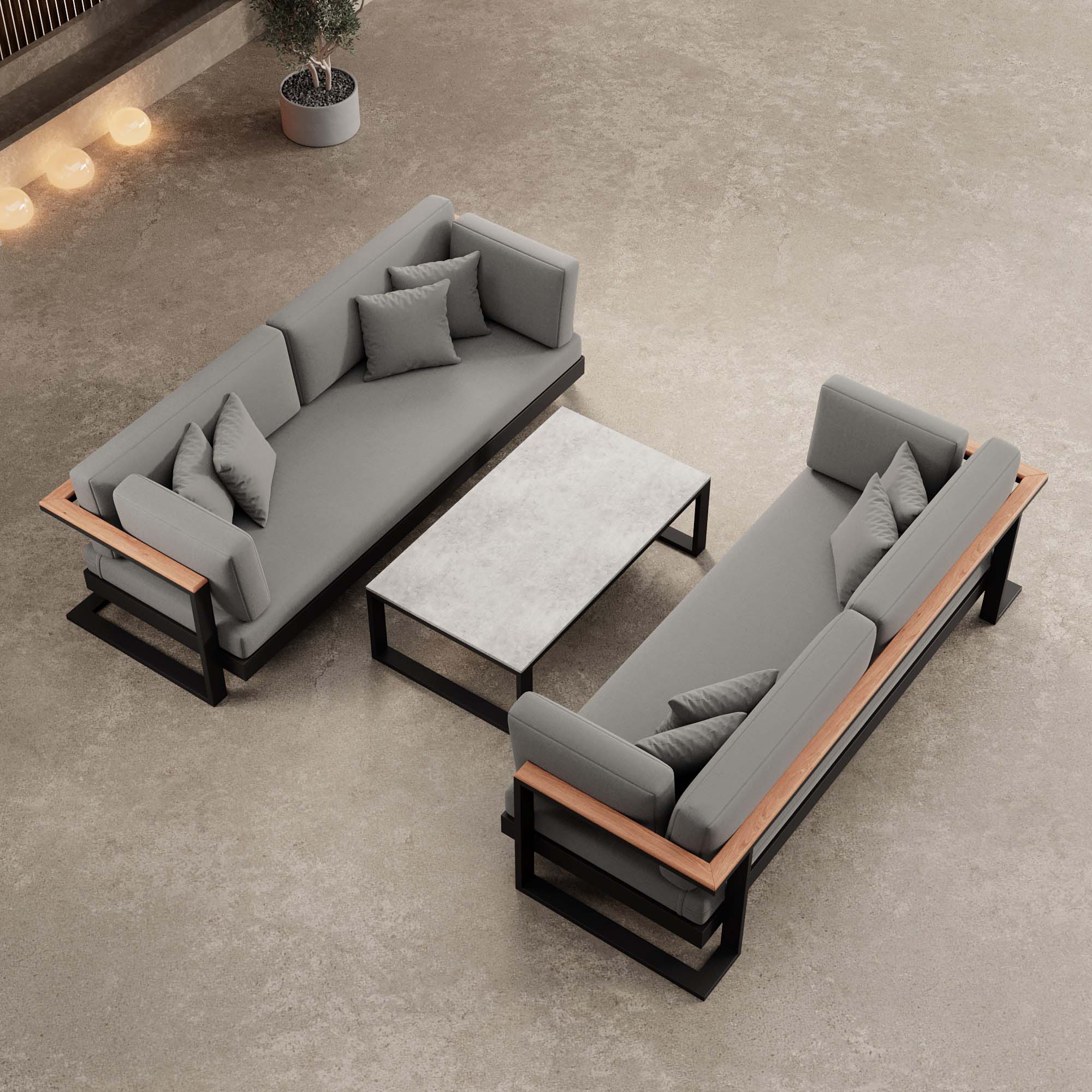 Vayla – 2 canapés deux places & table en aluminium noir | Collection Aevora™